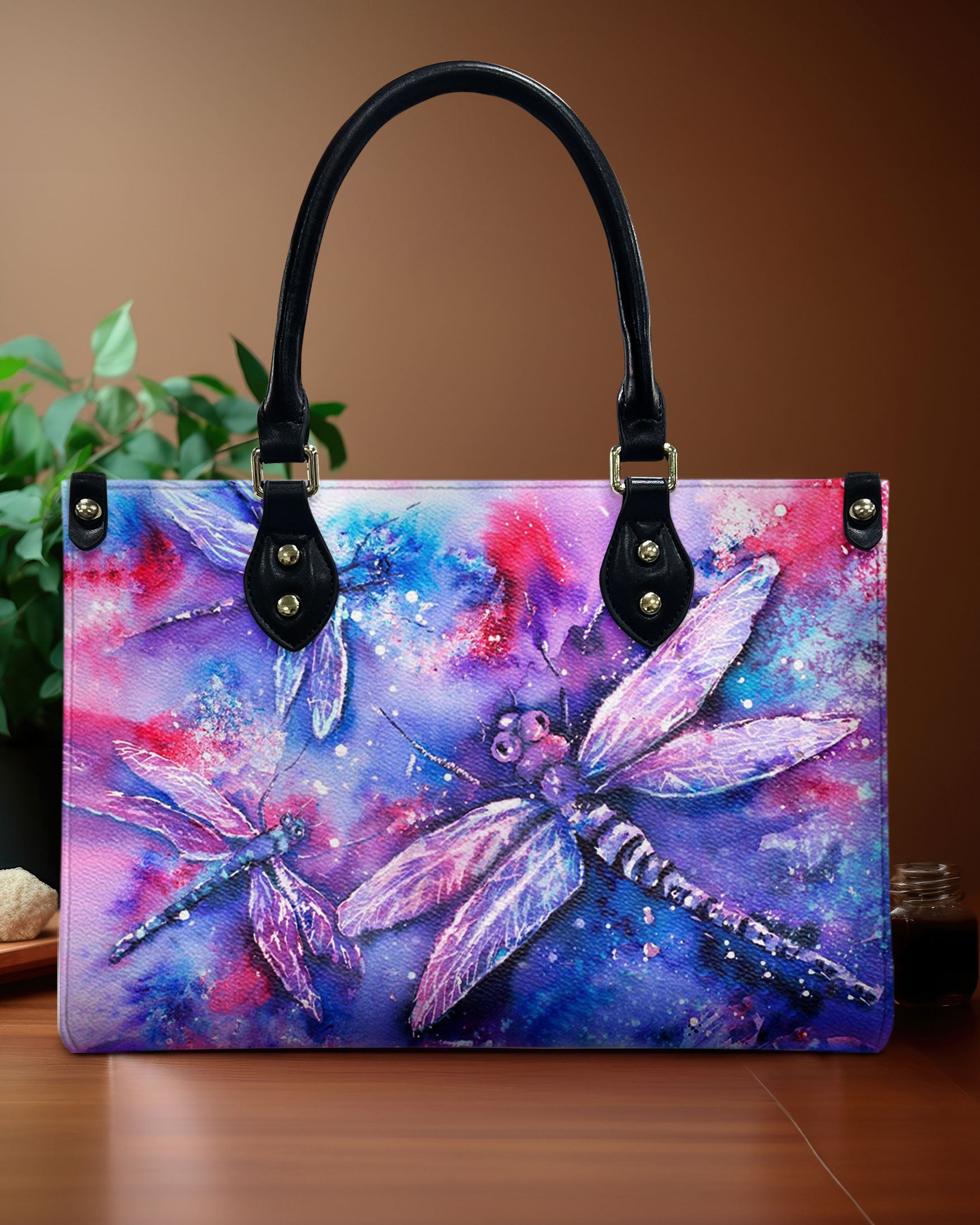 Custom Name Watercolor Galaxy Dragonfly Personalized Leather Bag Gift for Women _4_ UGm7a