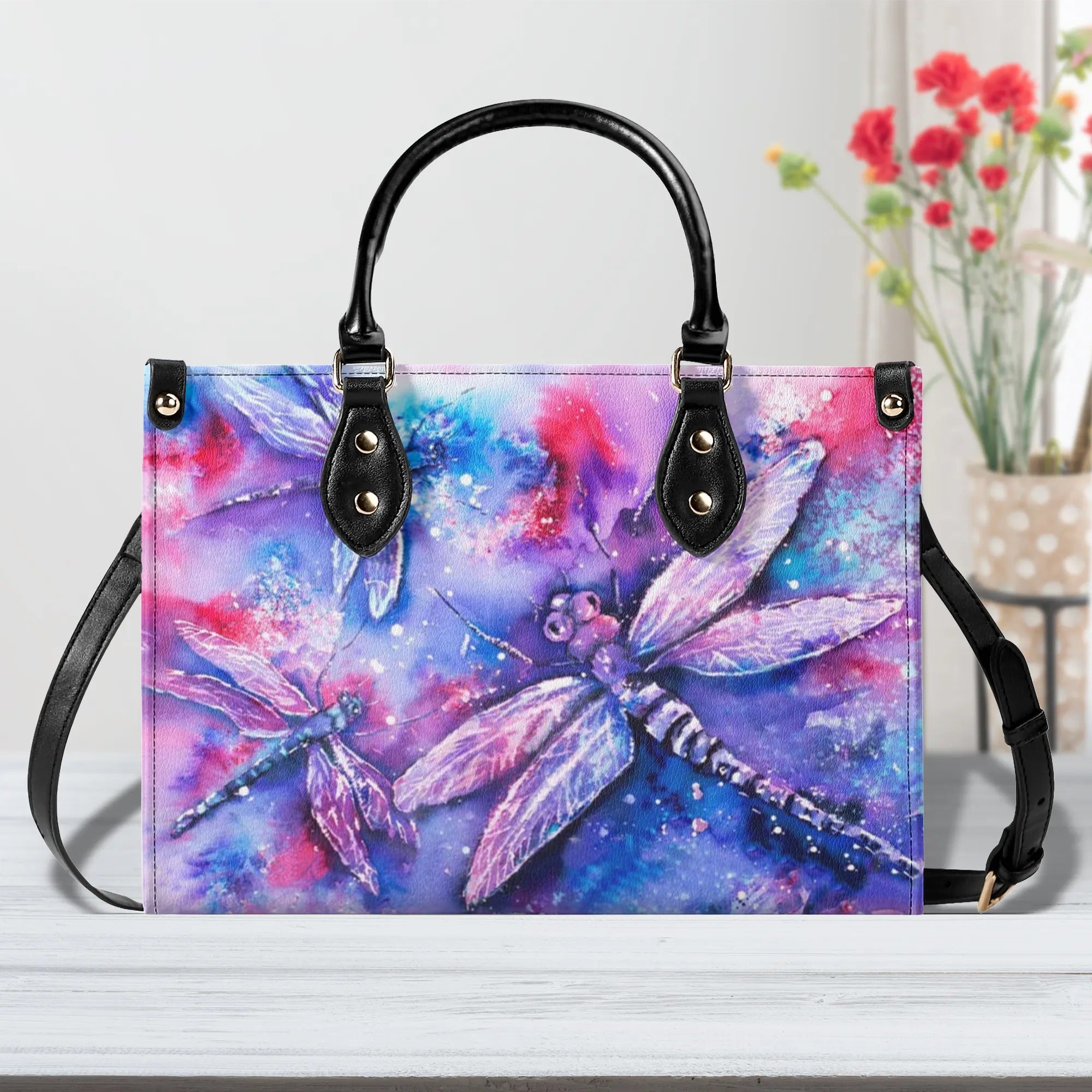 Custom Name Watercolor Galaxy Dragonfly Personalized Leather Bag Gift for Women _6_ t3fxb