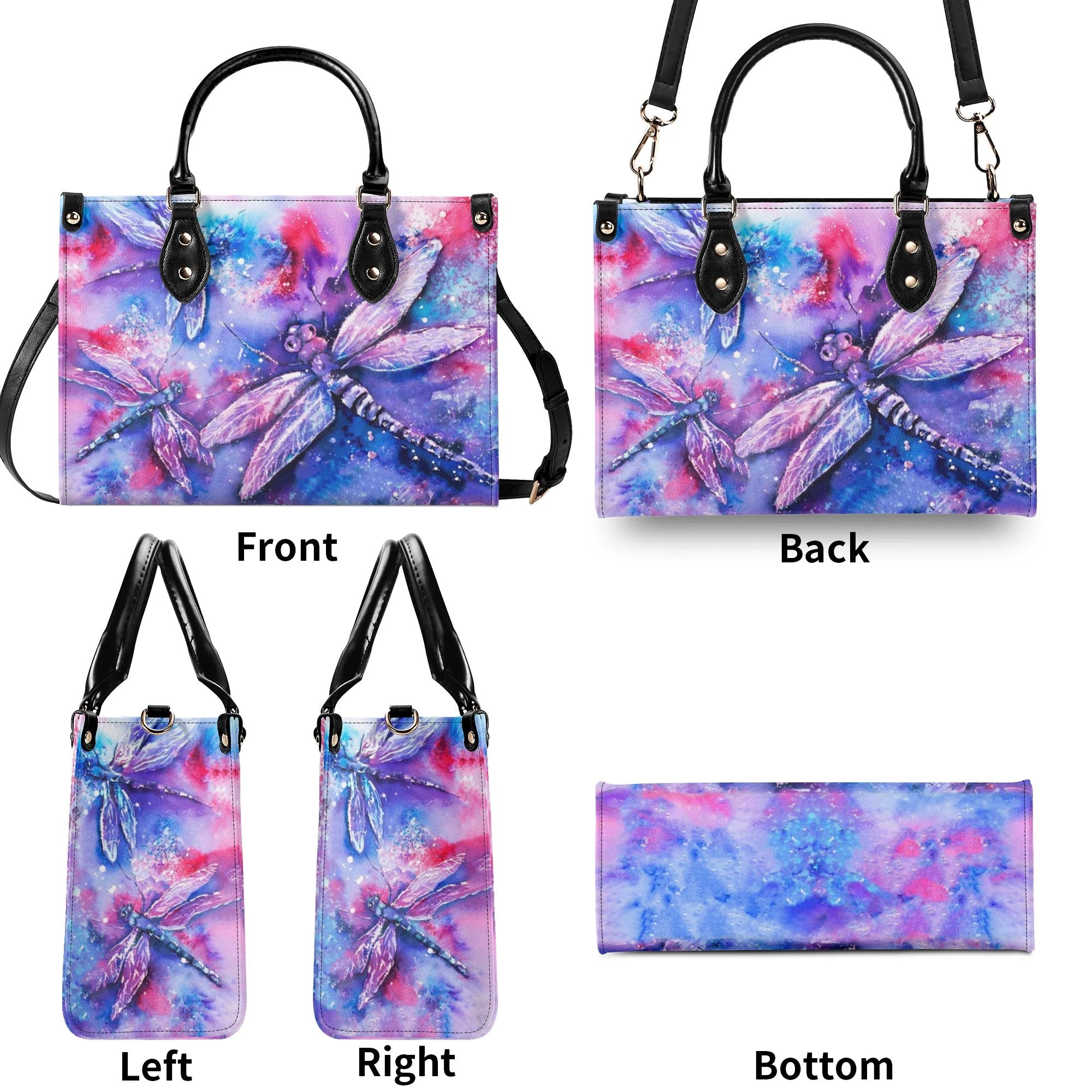 Custom Name Watercolor Galaxy Dragonfly Personalized Leather Bag Gift for Women _7_ x0w6V