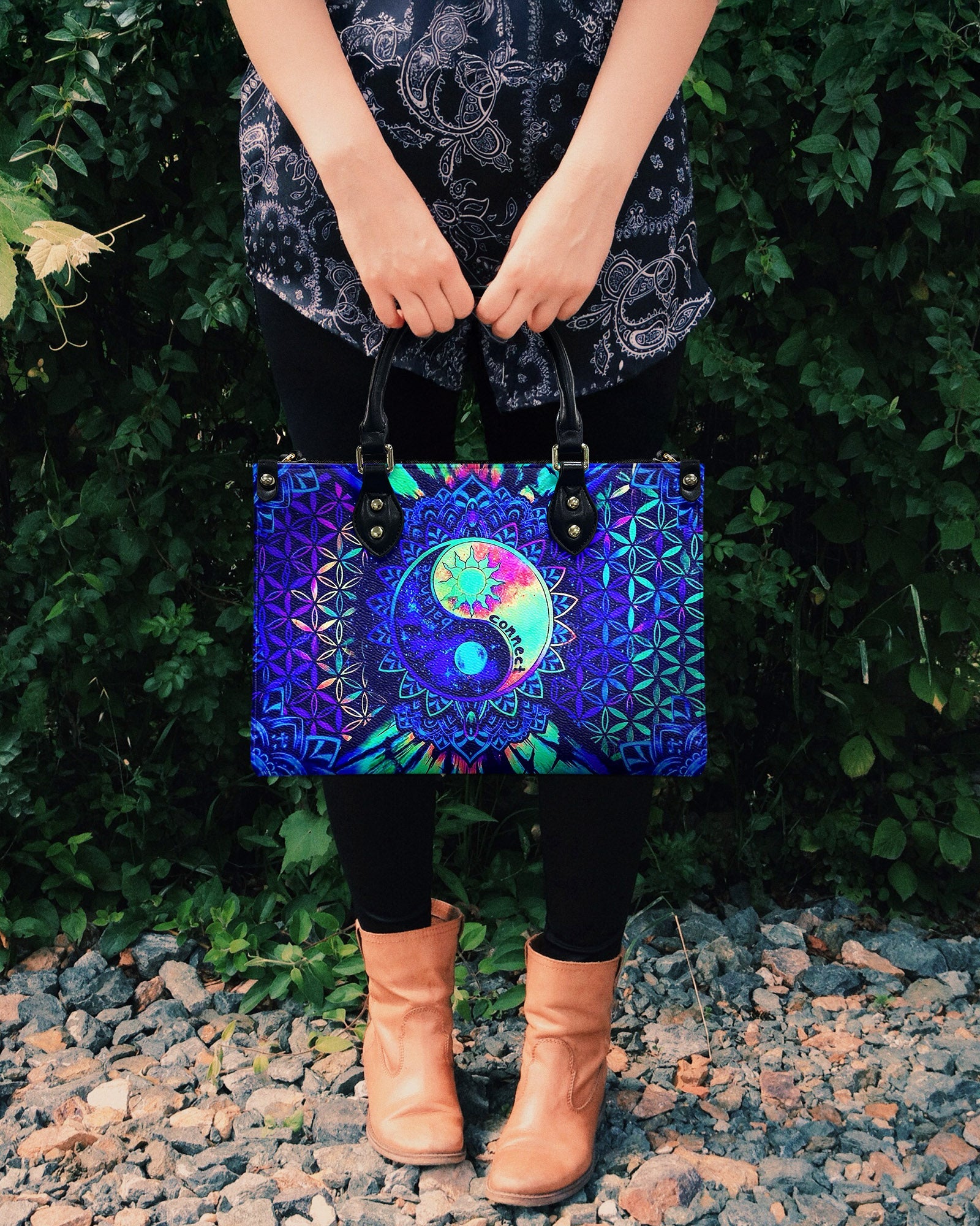 Custom Name Yin Yang Mandala Personalized Hippie Leather Bag Gift for Women _12_ b2jKW