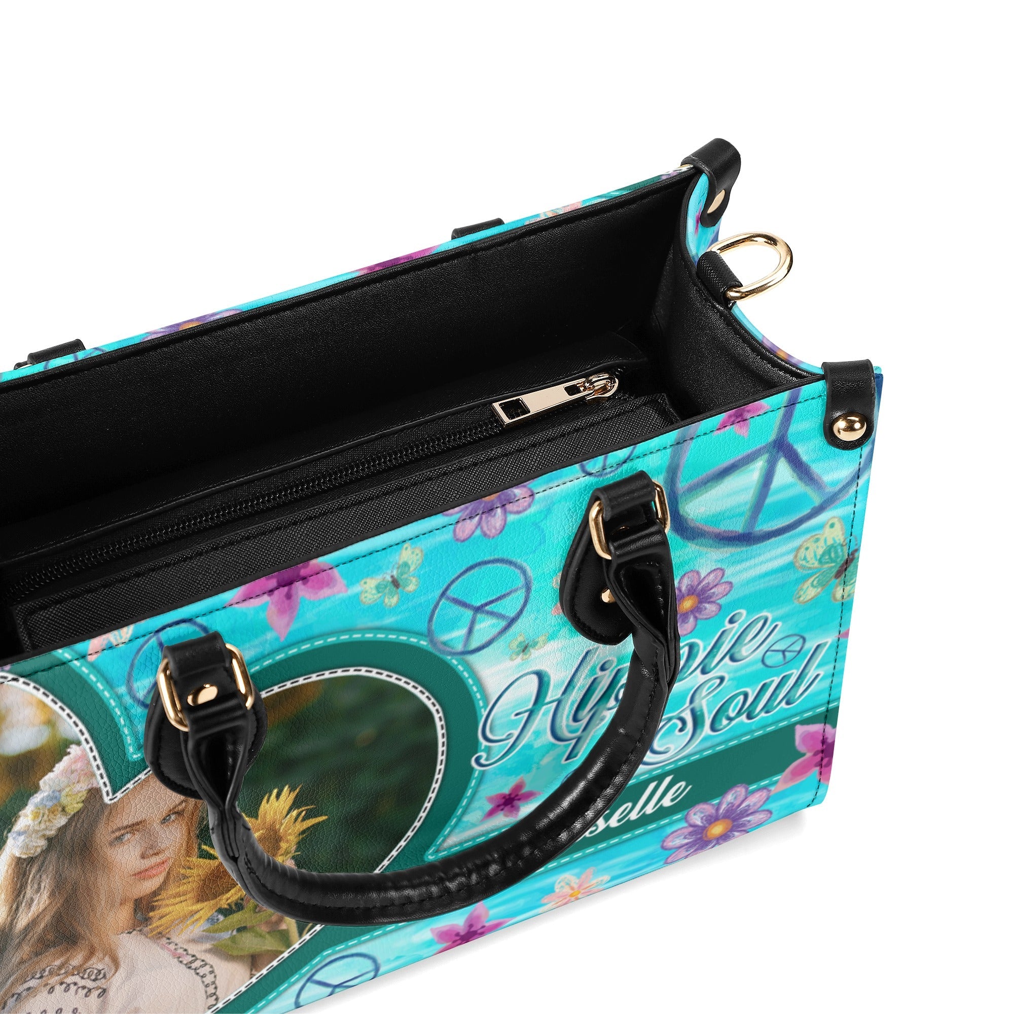 Custom Photo and Name Hippie Soul Peace Sign Floral Personalized Leather Bag Gift for Women _4_ lWXVv