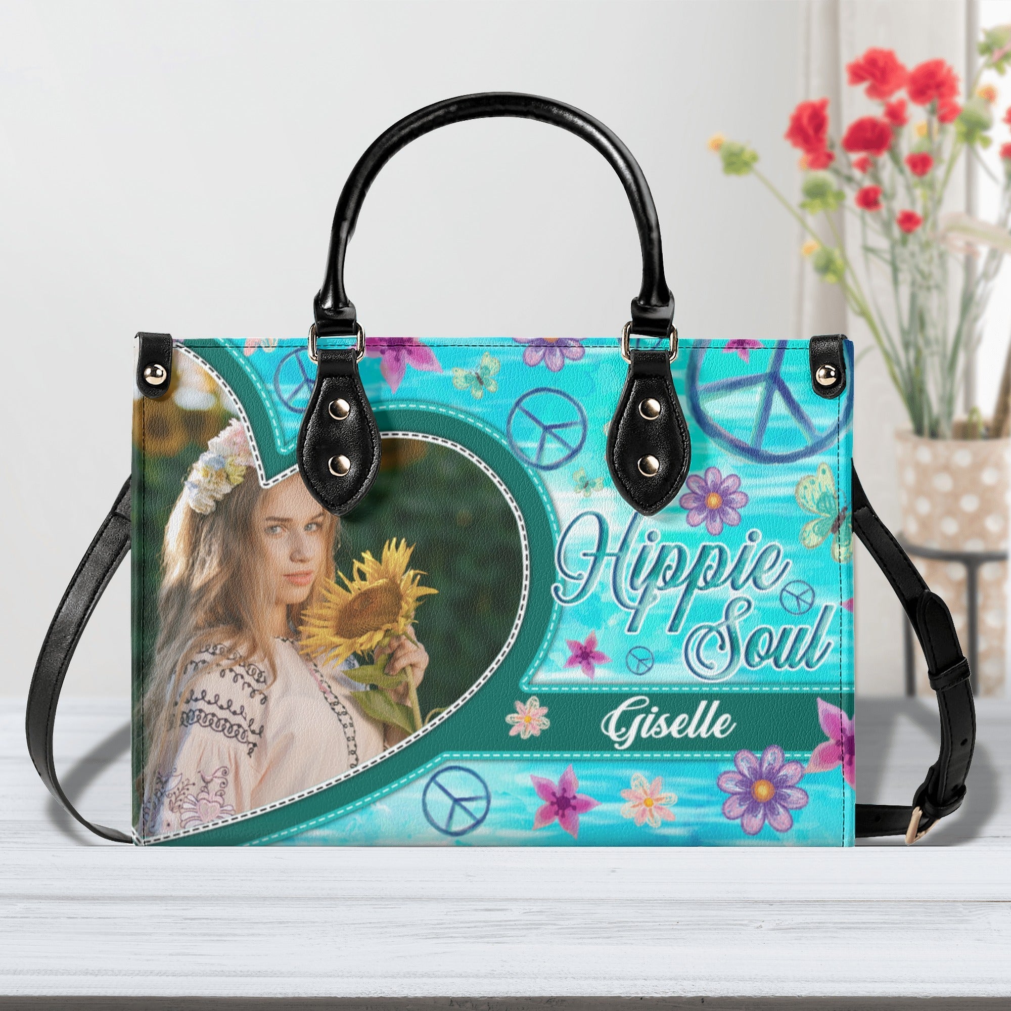 Custom Photo and Name Hippie Soul Peace Sign Floral Personalized Leather Bag Gift for Women _5_ neNgB