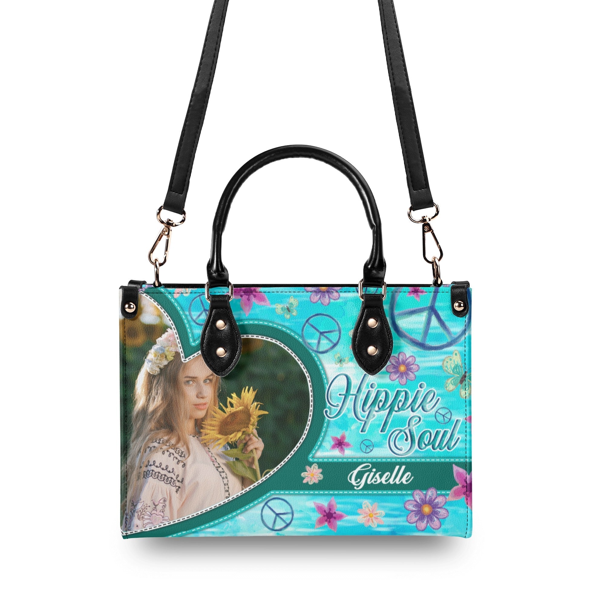 Custom Photo and Name Hippie Soul Peace Sign Floral Personalized Leather Bag Gift for Women _6_ Ea09m