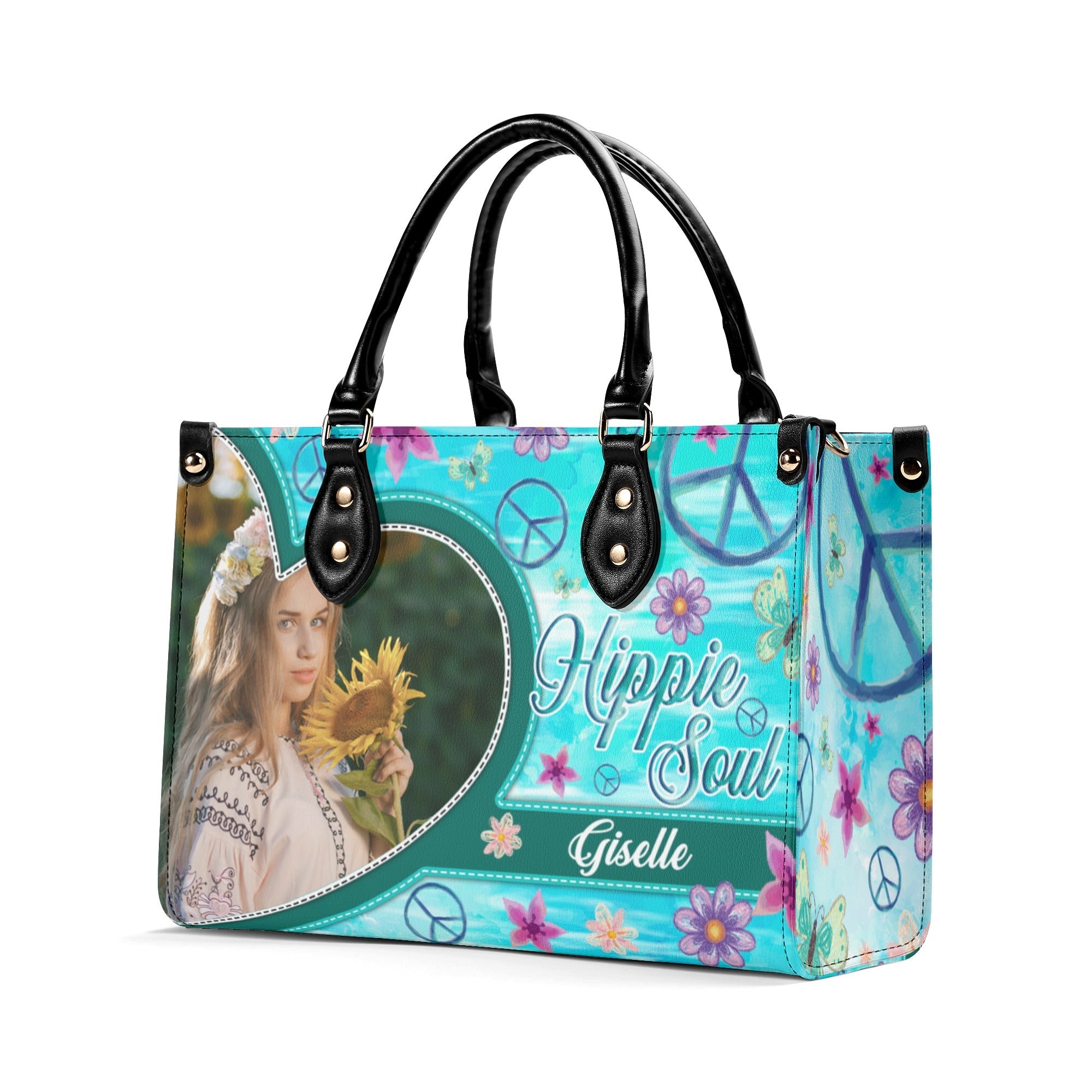 Custom Photo and Name Hippie Soul Peace Sign Floral Personalized Leather Bag Gift for Women _7_ pqTAw