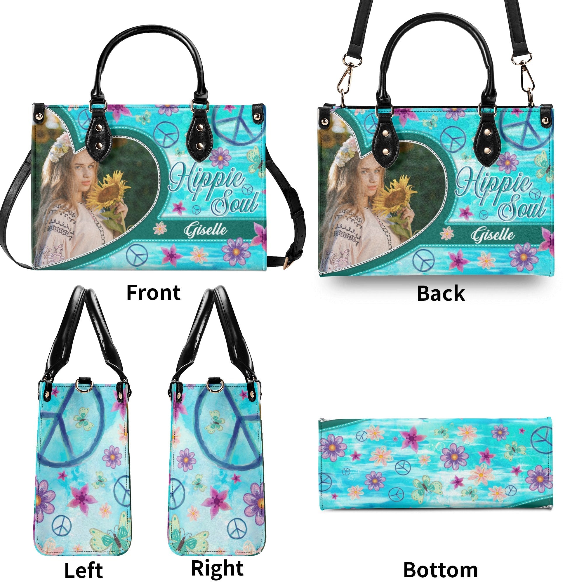Custom Photo and Name Hippie Soul Peace Sign Floral Personalized Leather Bag Gift for Women _8_ 64O5H