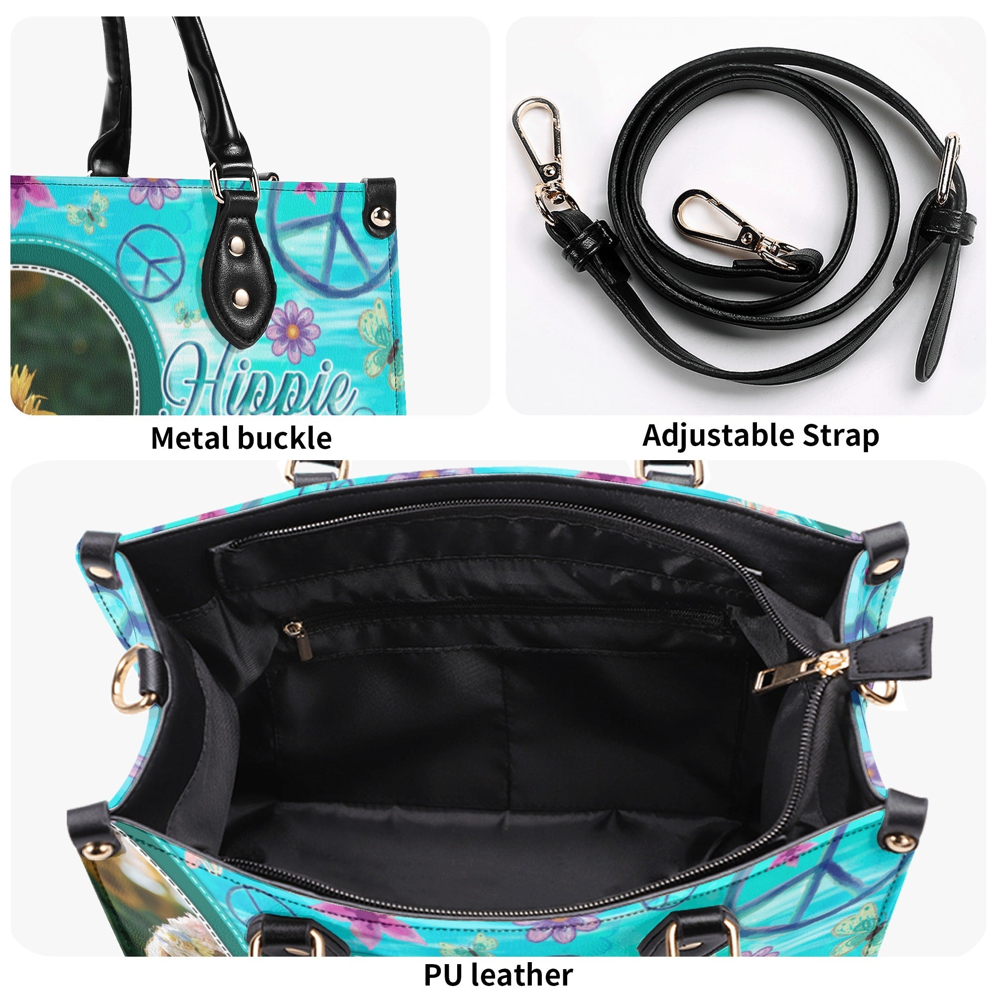 Custom Photo and Name Hippie Soul Peace Sign Floral Personalized Leather Bag Gift for Women _9_ 90lNU