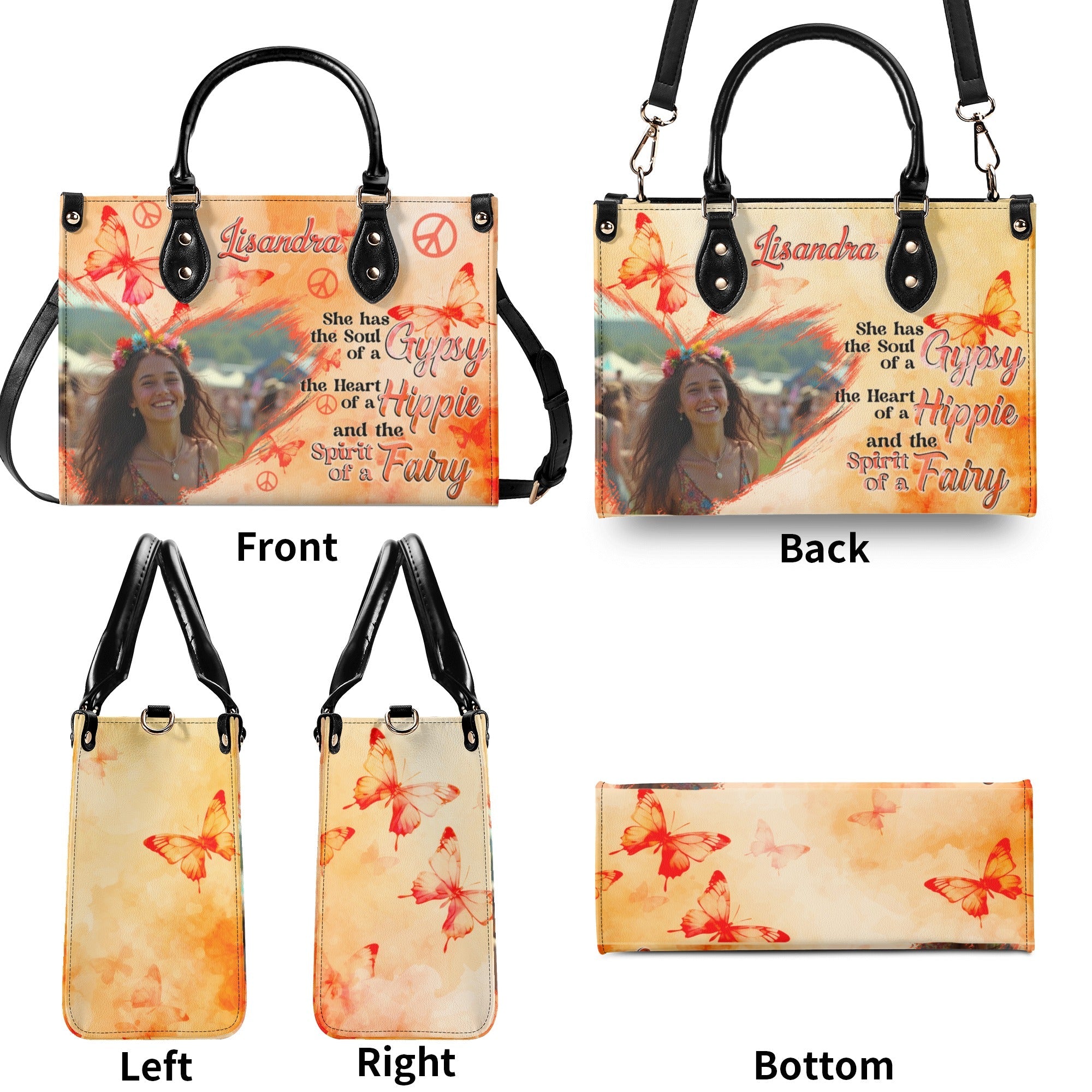 Custom Photo and Name Soul of a Gypsy Heart of Hippie Spirit of Fairy Personalized Leather Bag _4_ Dmnt0