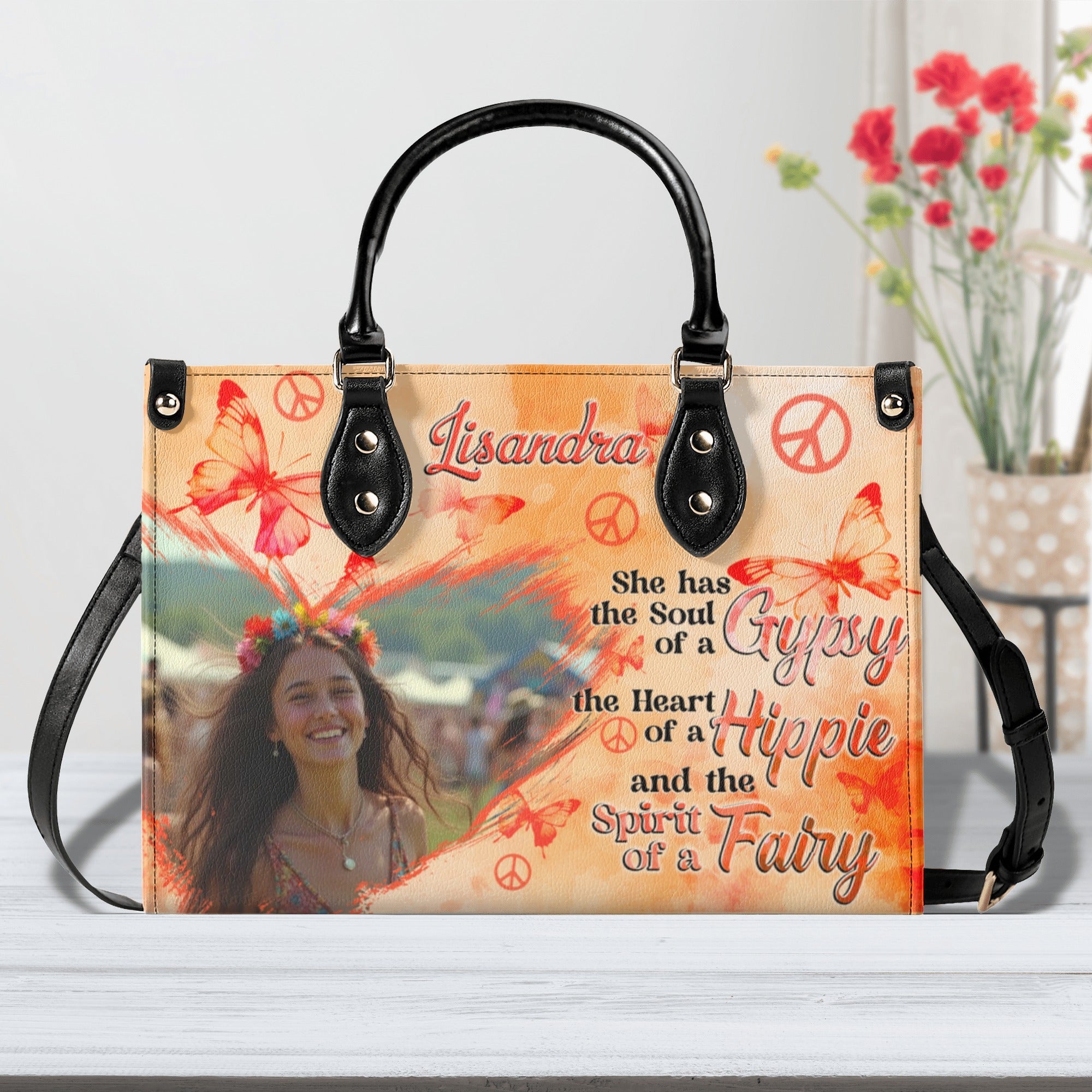 Custom Photo and Name Soul of a Gypsy Heart of Hippie Spirit of Fairy Personalized Leather Bag _7_ OyL8c