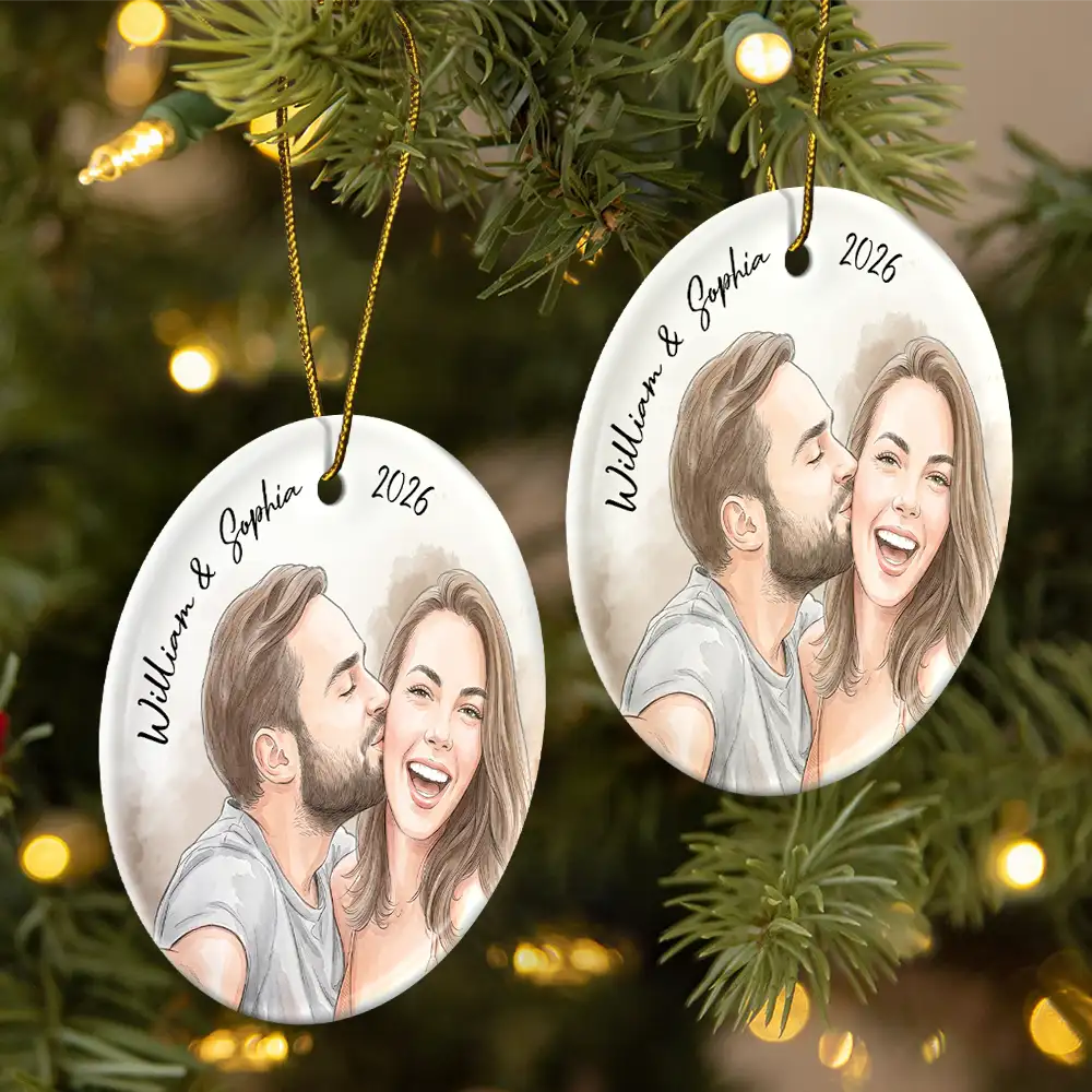 CustomPhotoVividWatercolorArtAnniversaryLovingCouple PersonalizedCircleCeramicOrnament MK2
