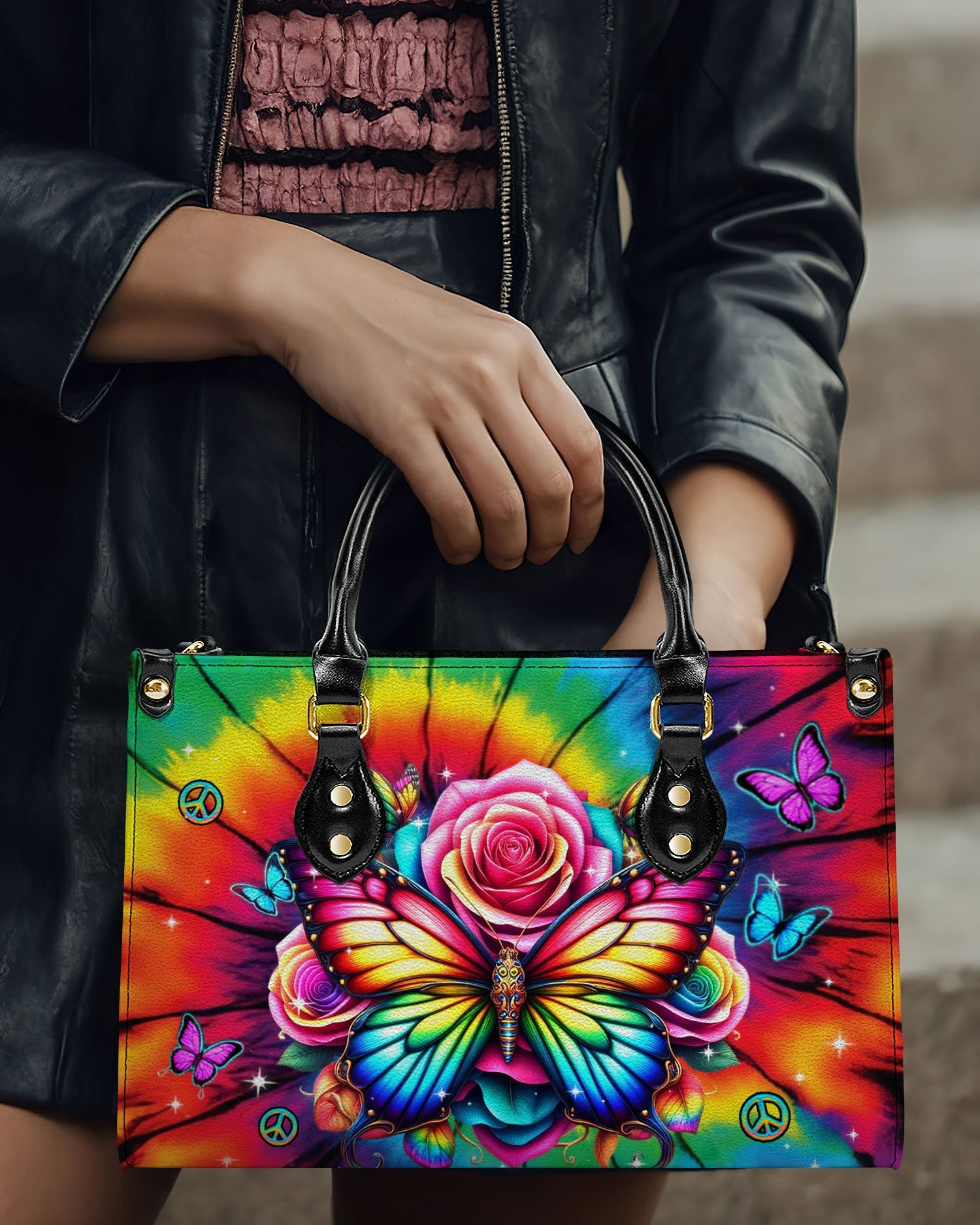 Custome Name Colorful Butterfly with Tie Dye Rose Personalized Leather Bag Gift for Women _10_ OPJKt