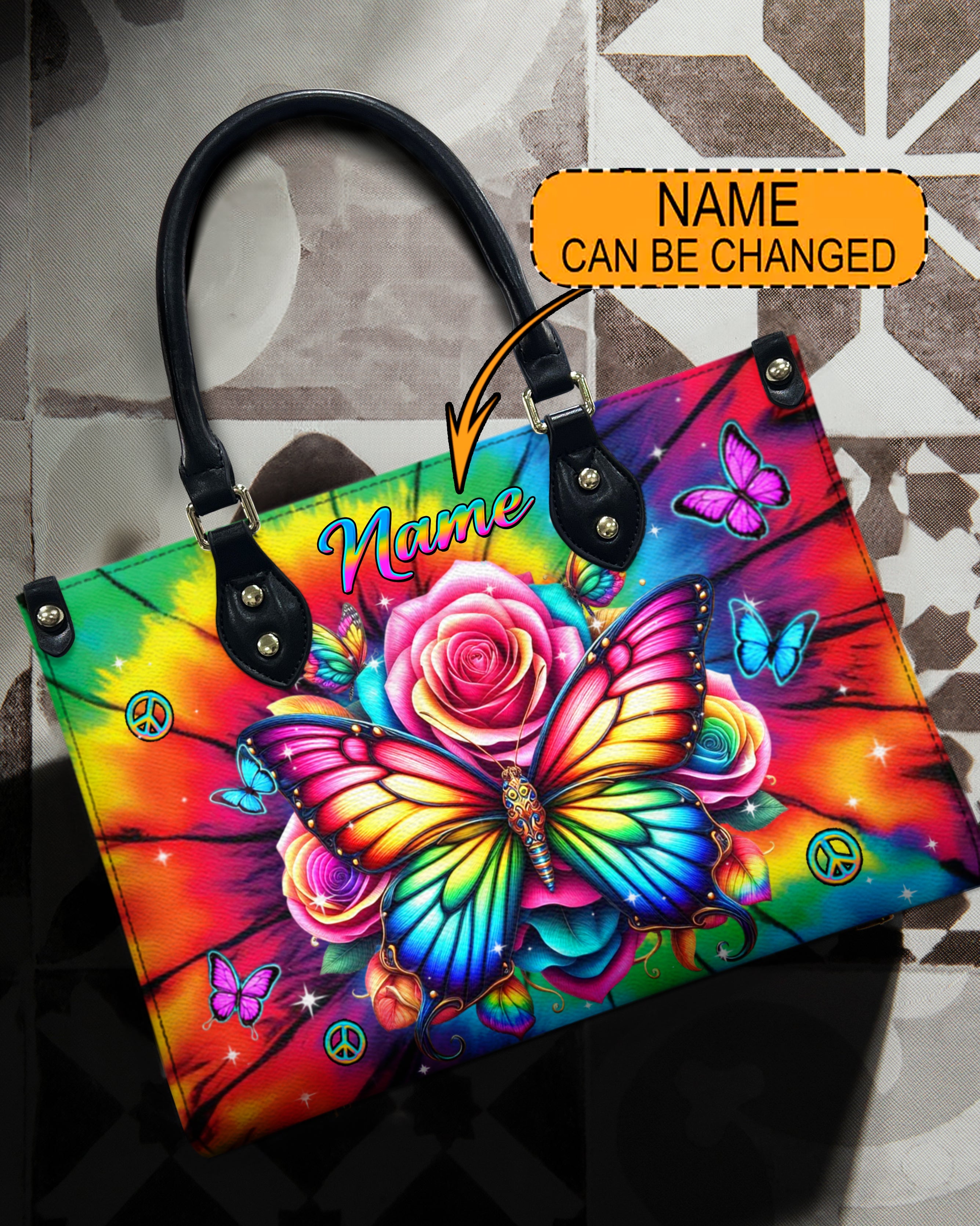 Custome Name Colorful Butterfly with Tie Dye Rose Personalized Leather Bag Gift for Women _1_ kjSmh