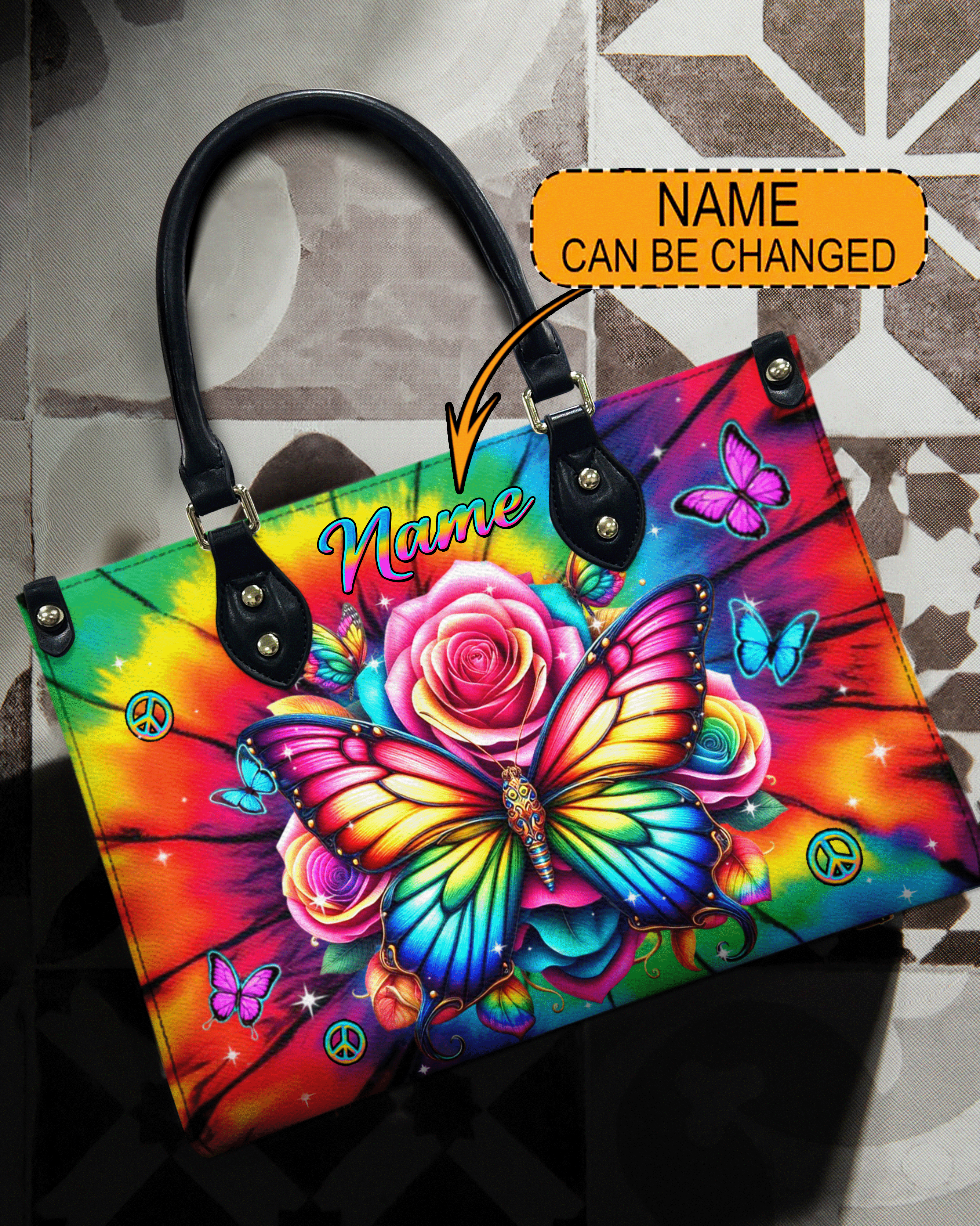 Custome Name Colorful Butterfly with Tie Dye Rose Personalized Leather Bag Gift for Women _2_ HW66Y
