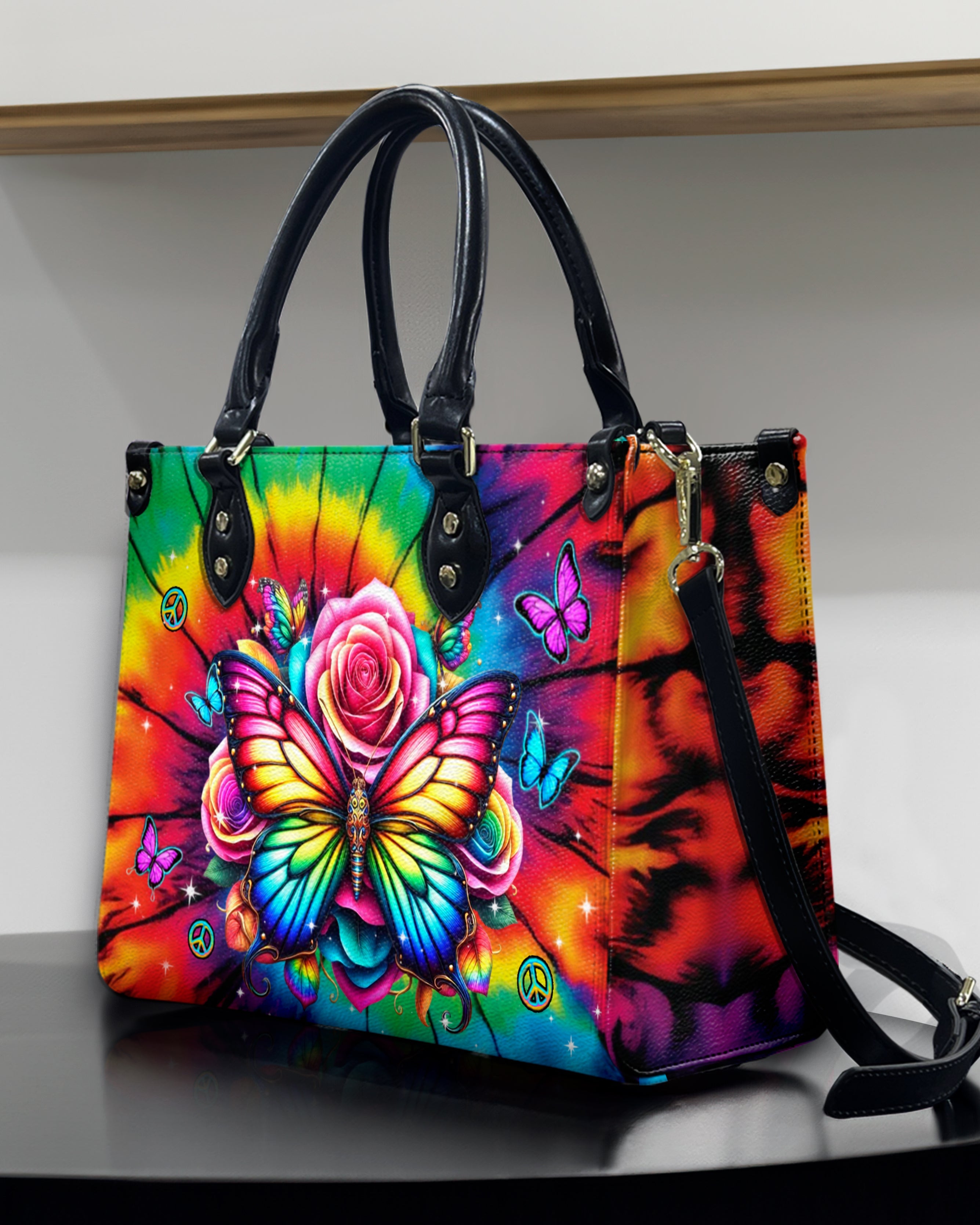 Custome Name Colorful Butterfly with Tie Dye Rose Personalized Leather Bag Gift for Women _3_ Vvl3J