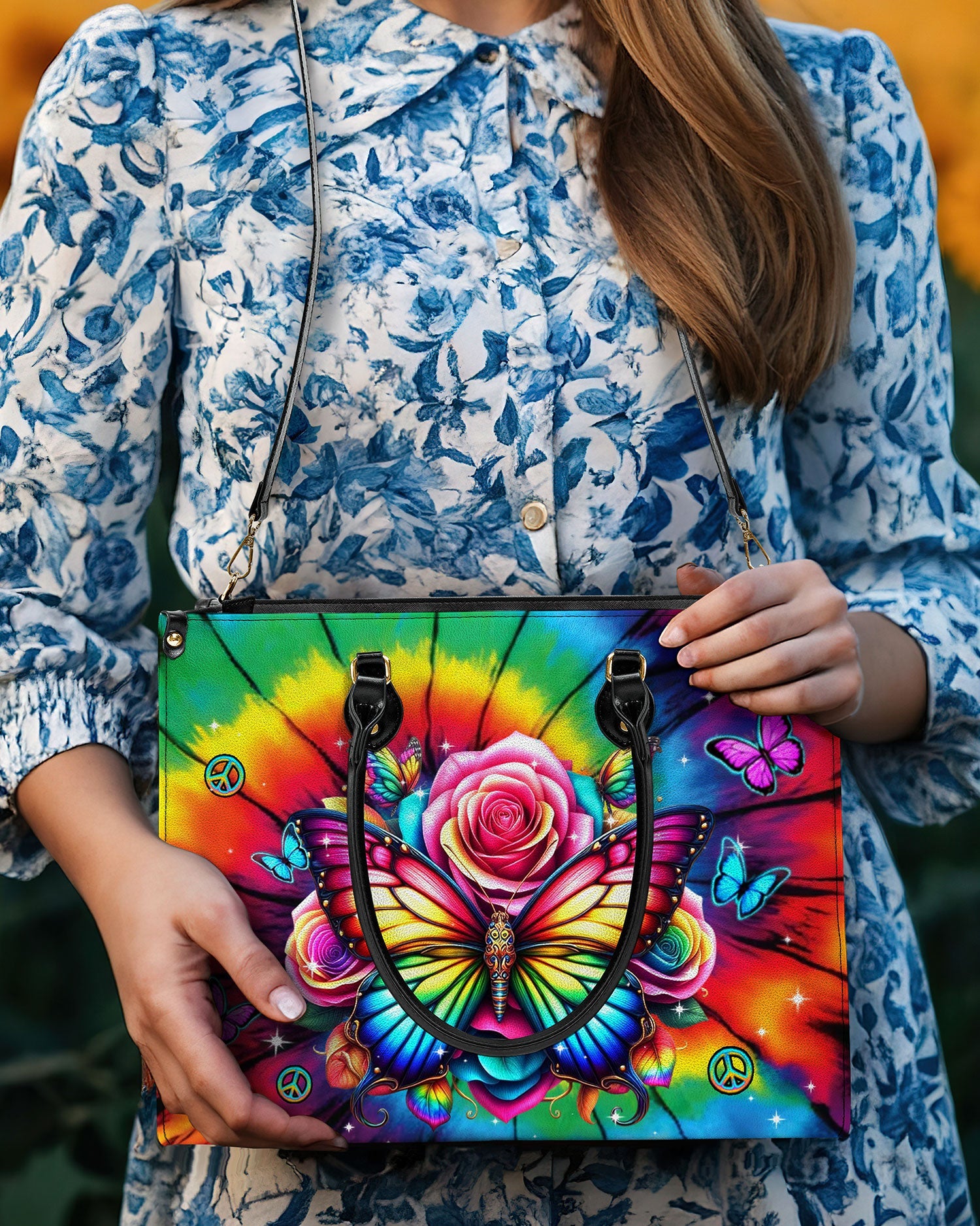 Custome Name Colorful Butterfly with Tie Dye Rose Personalized Leather Bag Gift for Women _4_ wIKgE