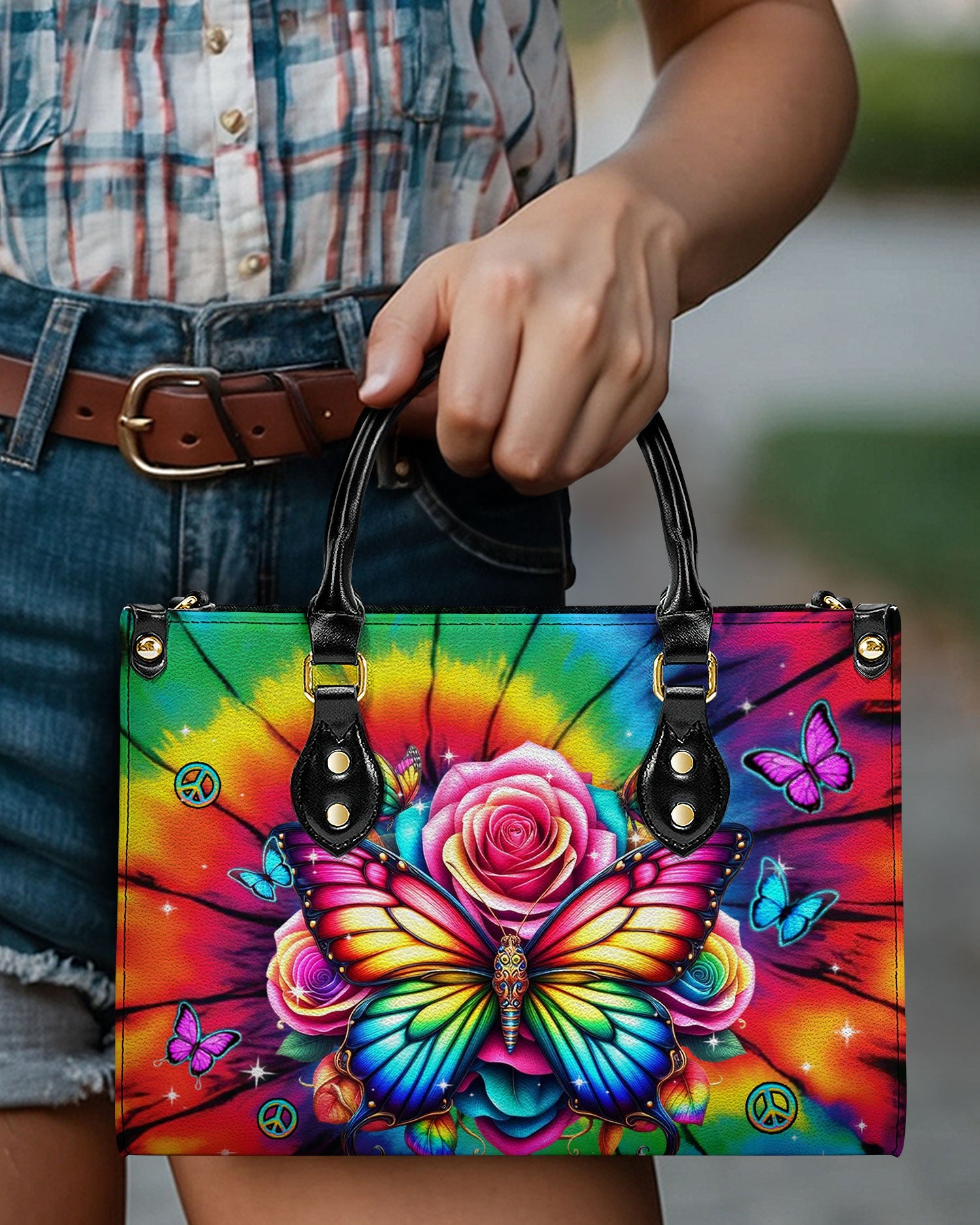 Custome Name Colorful Butterfly with Tie Dye Rose Personalized Leather Bag Gift for Women _5_ iWmLI