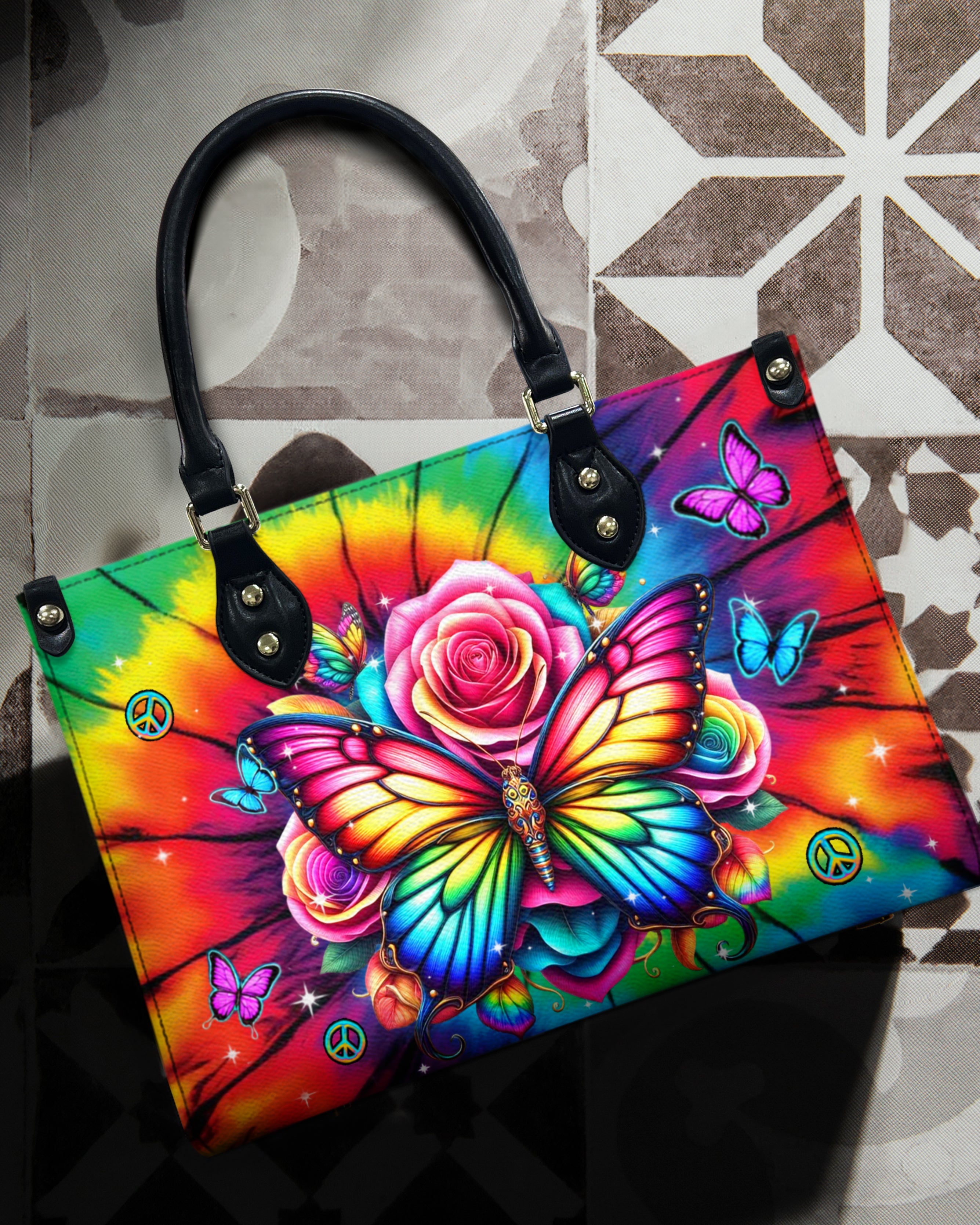 Custome Name Colorful Butterfly with Tie Dye Rose Personalized Leather Bag Gift for Women _6_ nBOtb