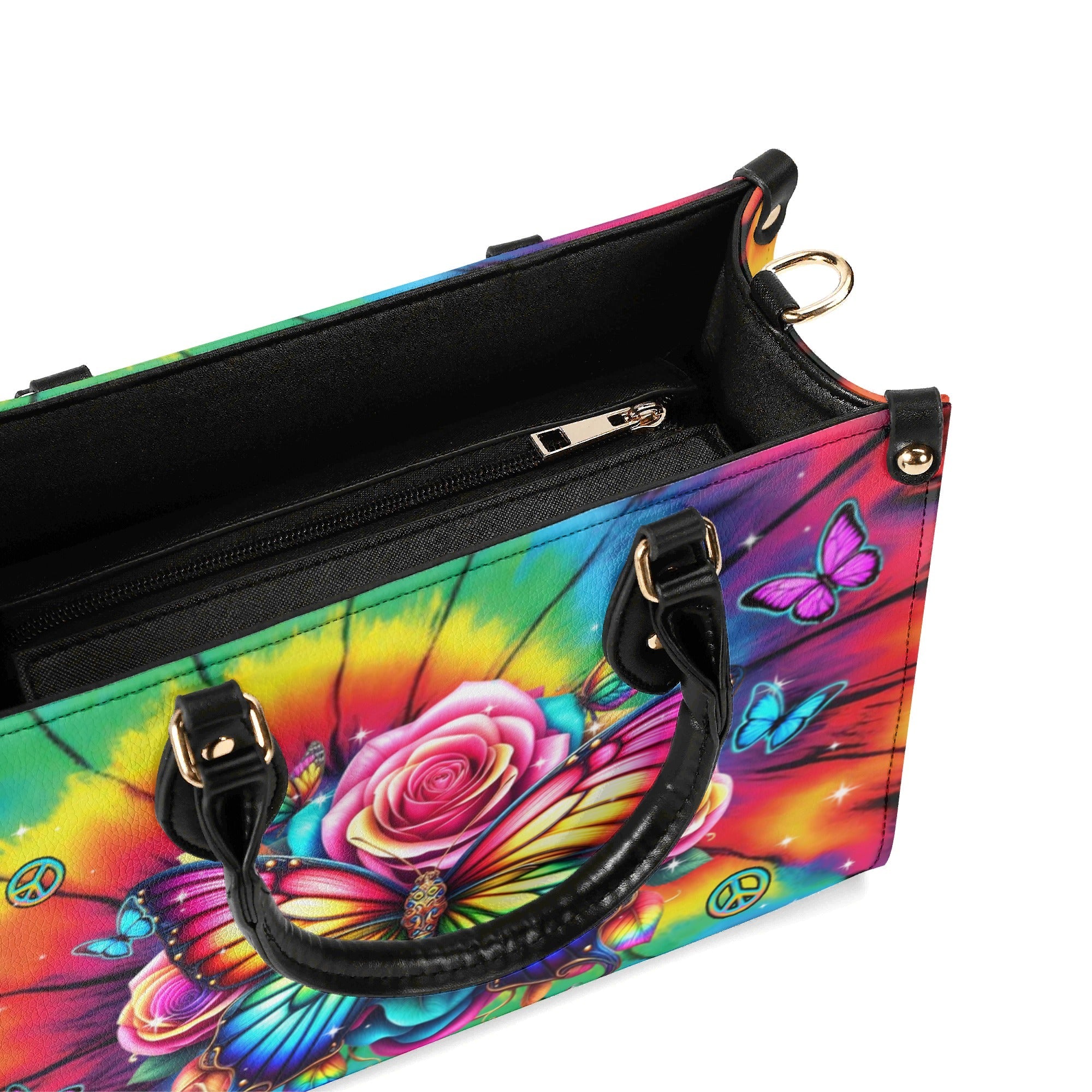 Custome Name Colorful Butterfly with Tie Dye Rose Personalized Leather Bag Gift for Women _7_ P9jlK