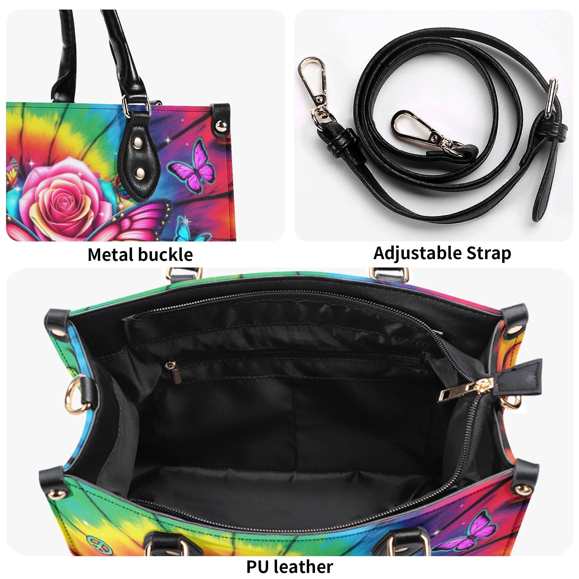 Custome Name Colorful Butterfly with Tie Dye Rose Personalized Leather Bag Gift for Women _8_ 4eNyL