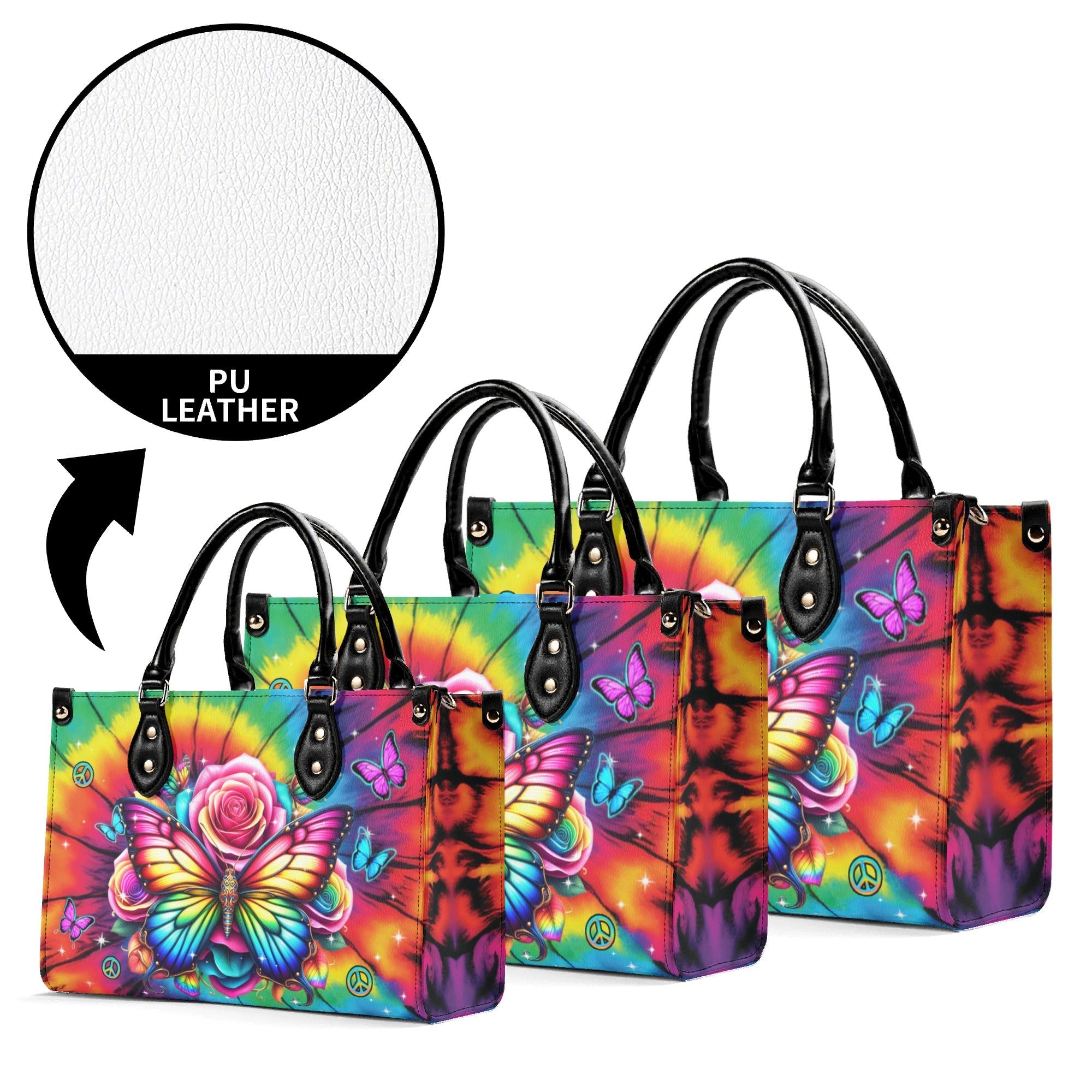 Custome Name Colorful Butterfly with Tie Dye Rose Personalized Leather Bag Gift for Women _9_ 1IPmd
