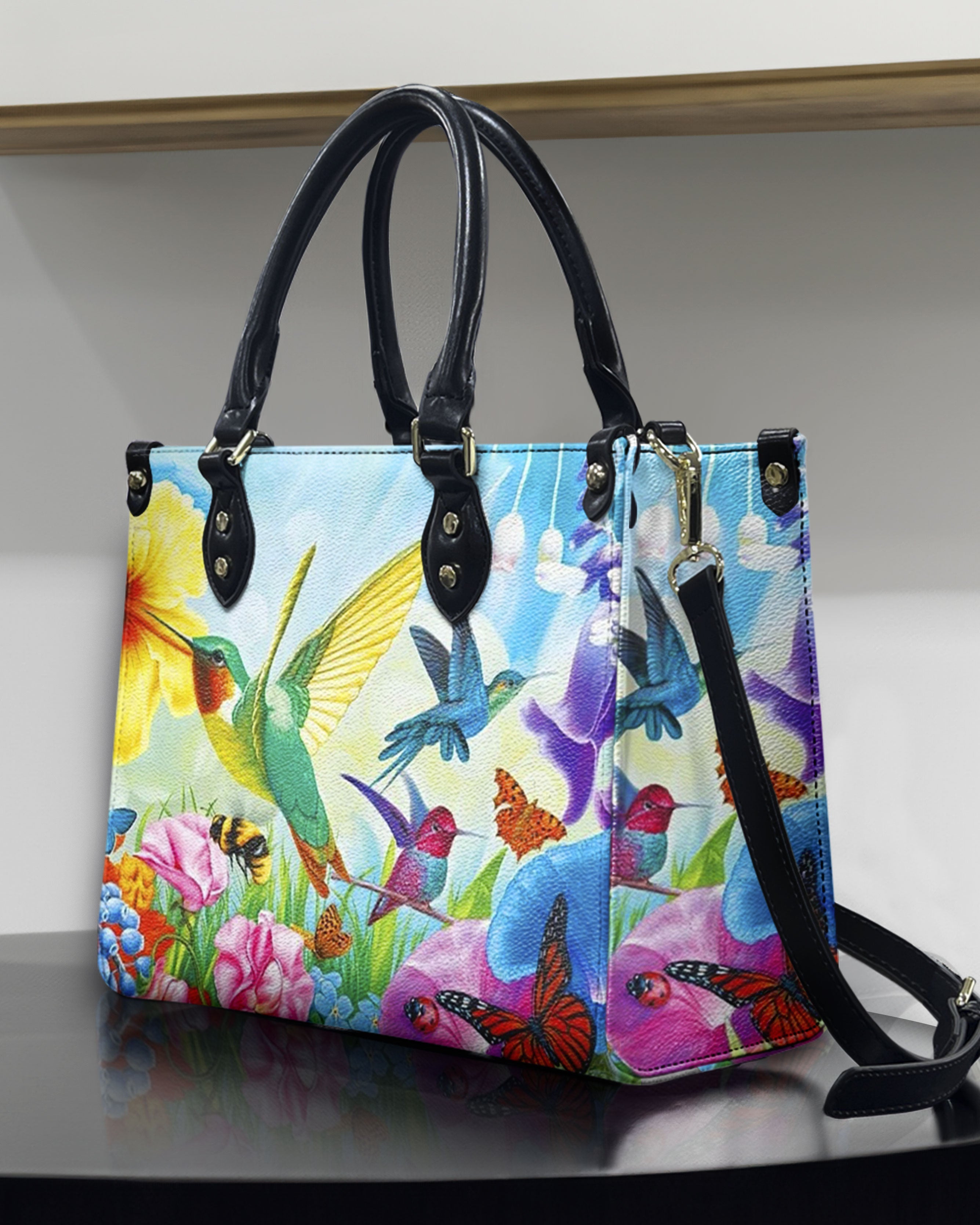 Custome Name Hummingbird Colorful Butterfly Floral Personalized Leather Bag Gift For Women _3_ iJA67