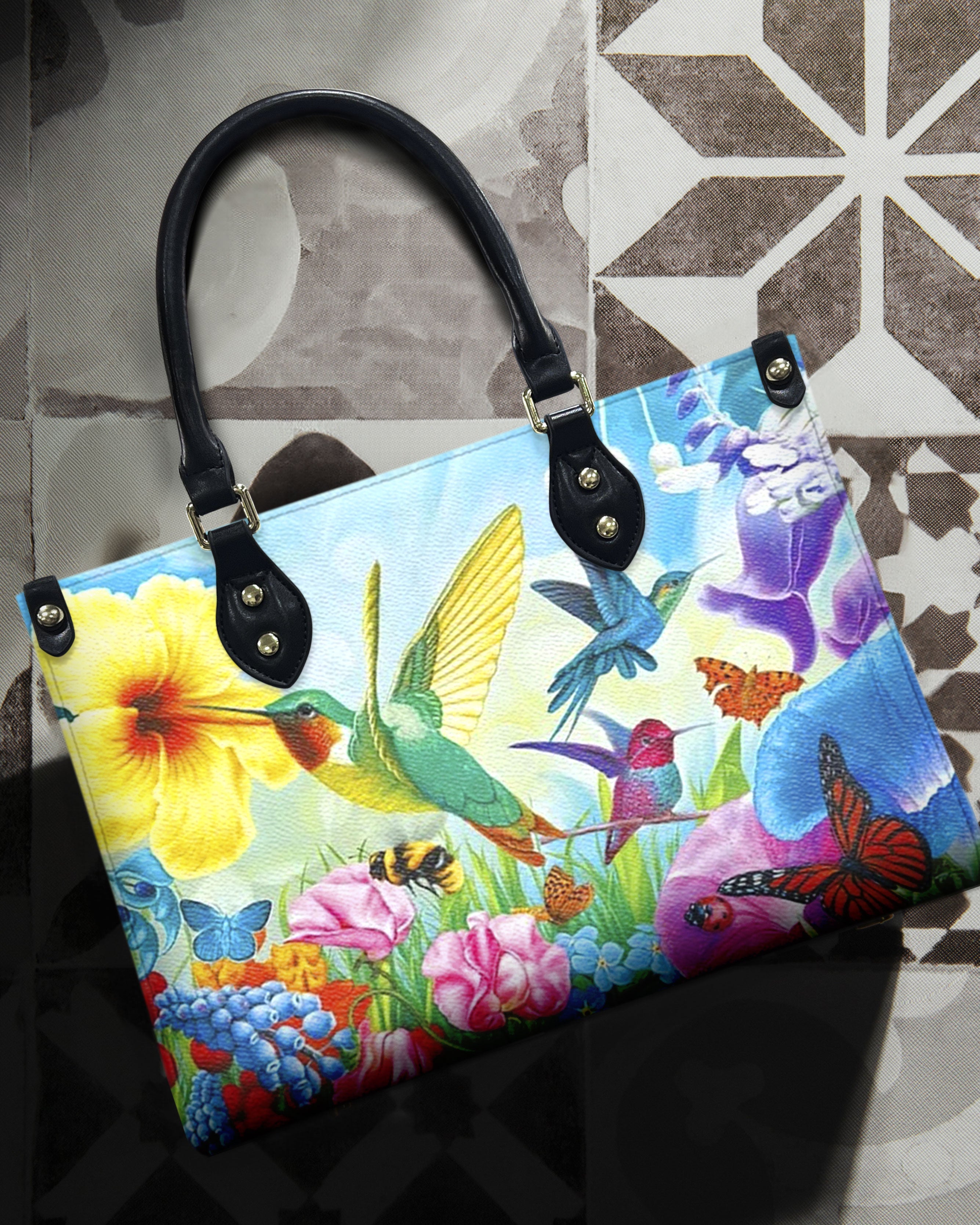 Custome Name Hummingbird Colorful Butterfly Floral Personalized Leather Bag Gift For Women _4_ MjFrO