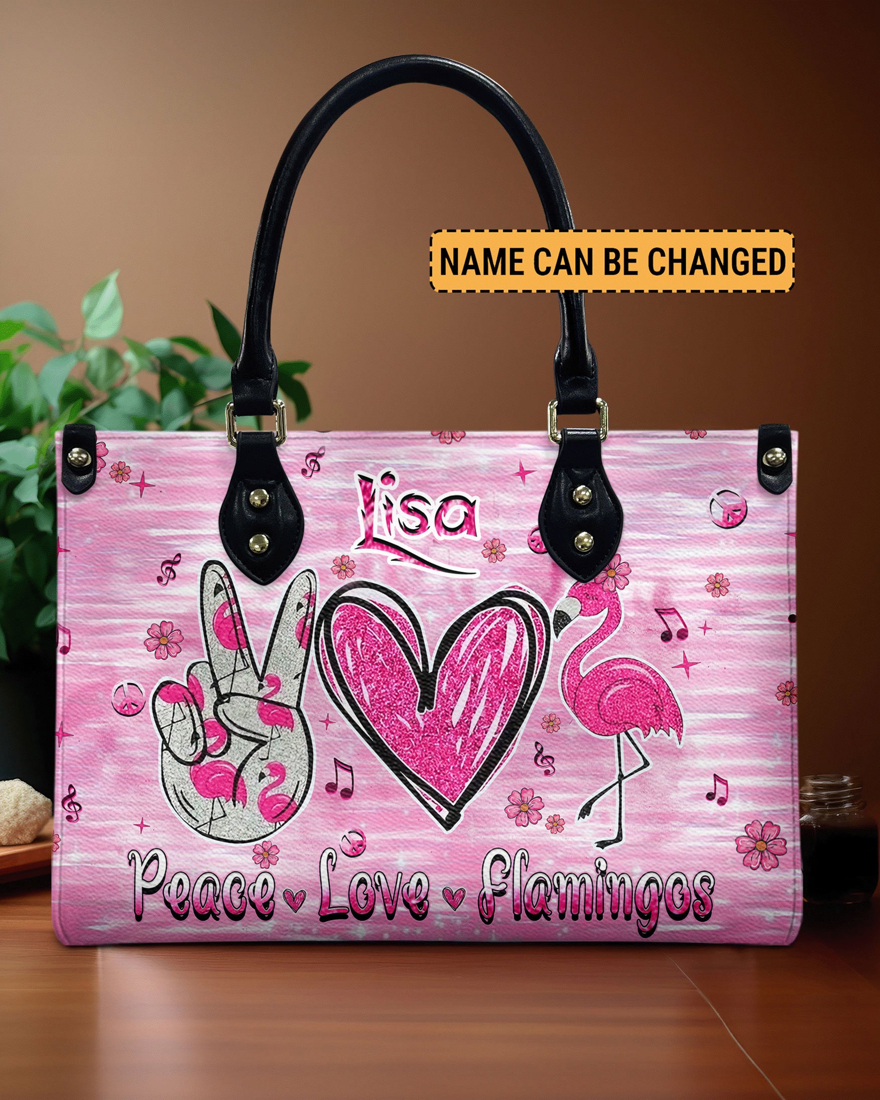 Custome Name Peace Love Flamingos Personalized Pink Leather Bag Gift for Women _1_ Gbbk9