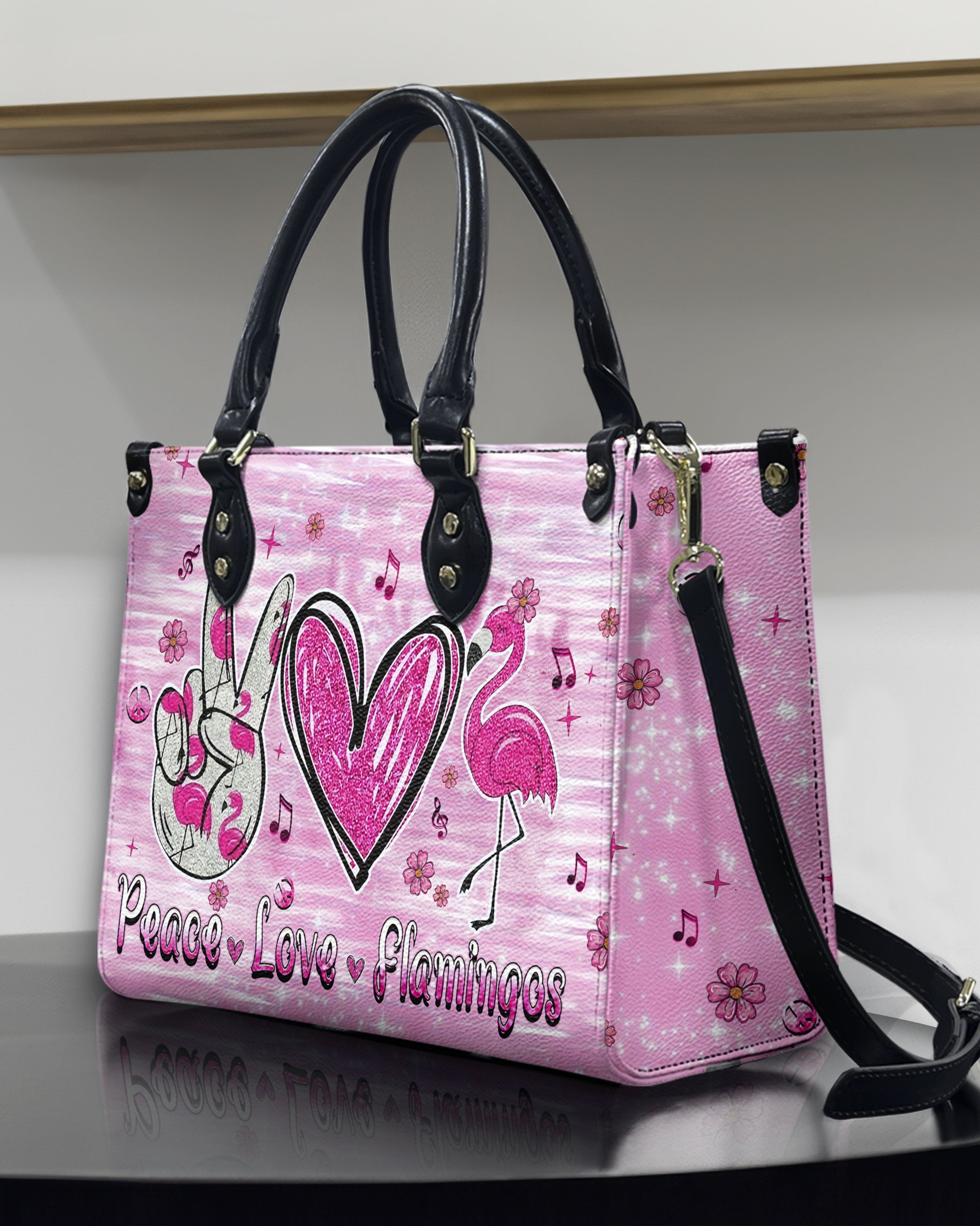 Custome Name Peace Love Flamingos Personalized Pink Leather Bag Gift for Women _2_ KC5FC