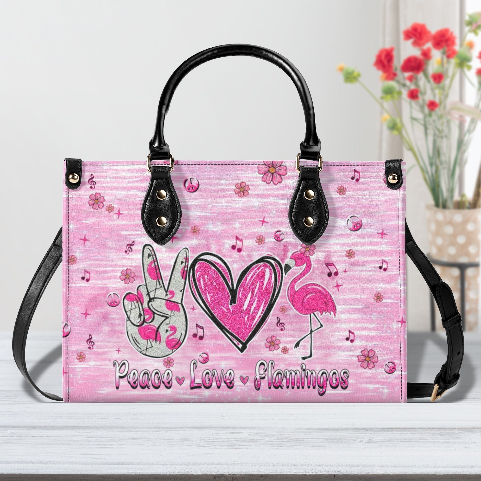 Custome Name Peace Love Flamingos Personalized Pink Leather Bag Gift for Women _3_ 42zGR