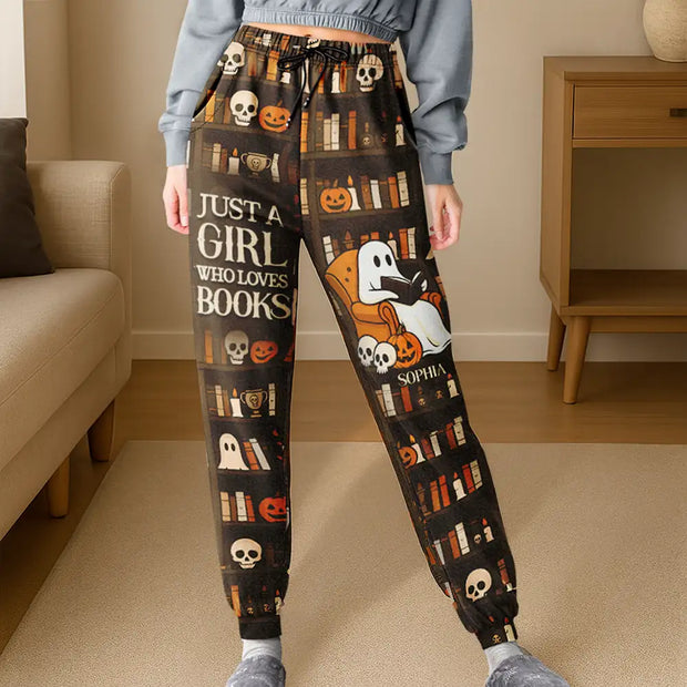 Cute Ghost Just A Girl Who Loves Books - Personalized Sweatpants - Halloween Gifts For Book Lovers