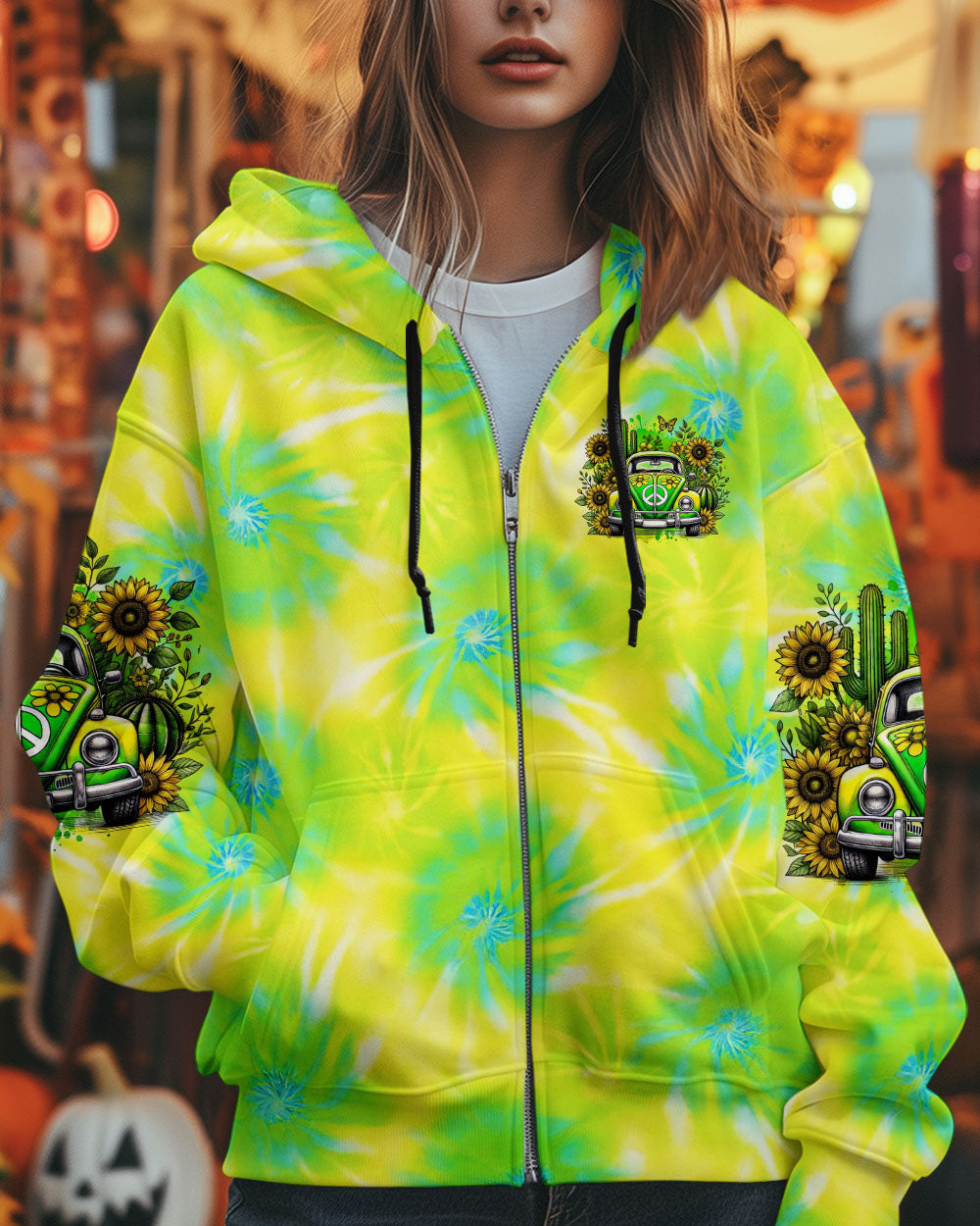 Desert Highway Cool Wind in My Hair Tie Dye Green Car and Sunflower AOP Shirts _2_ bihPj