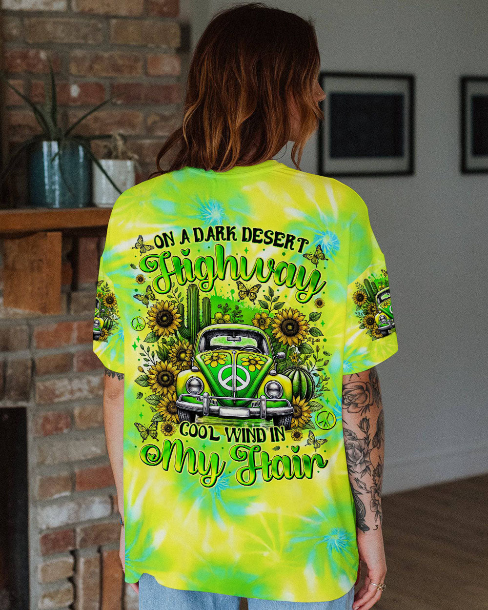 Desert Highway Cool Wind in My Hair Tie Dye Green Car and Sunflower AOP Shirts _8_ enfyM