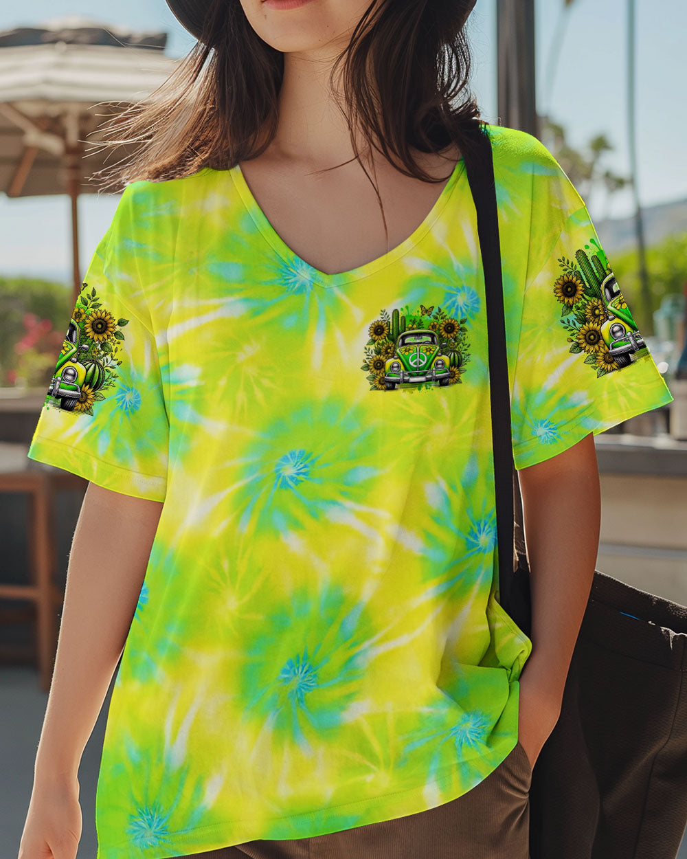 Desert Highway Cool Wind in My Hair Tie Dye Green Car and Sunflower AOP Shirts _9_ JHLqc