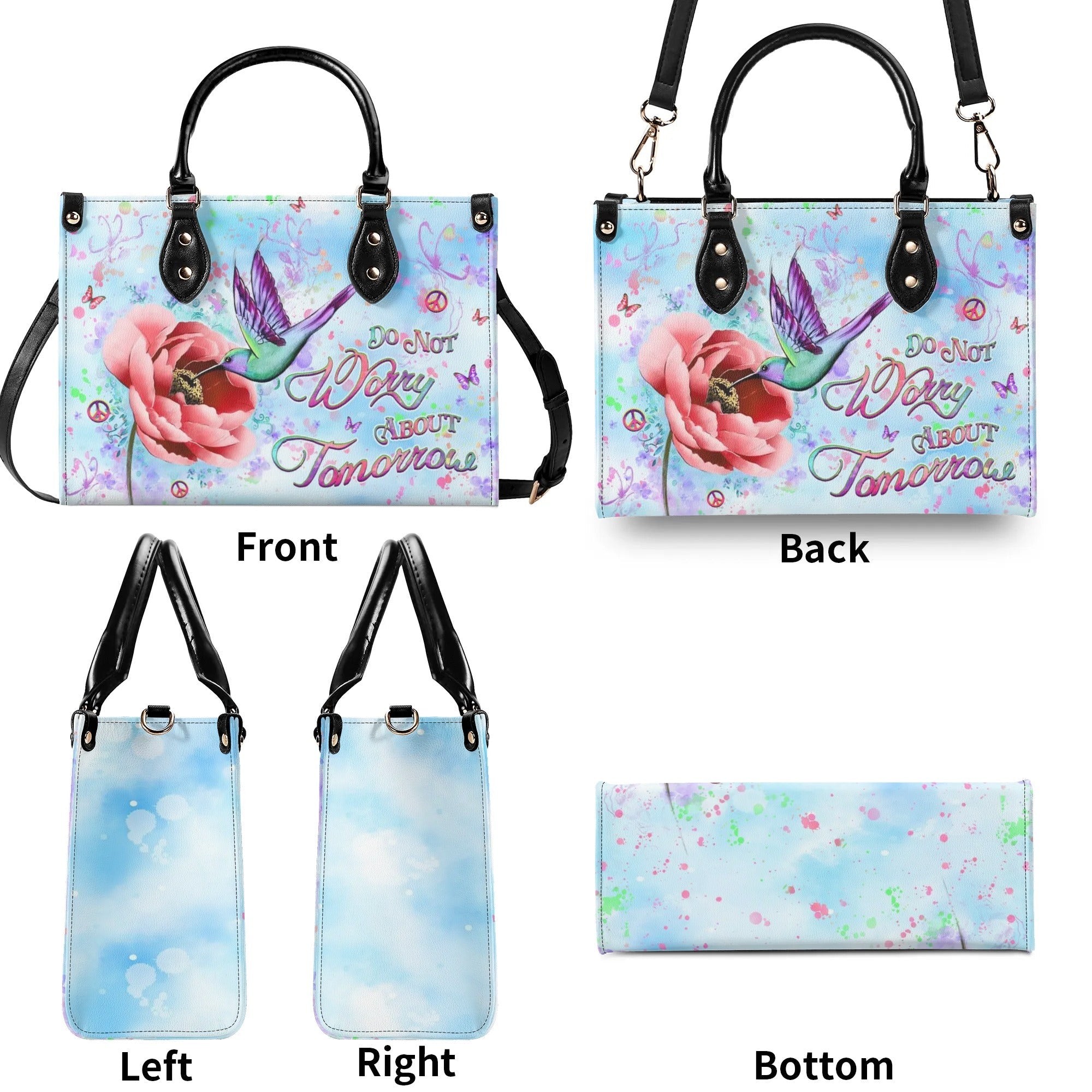 Do Not Worry About Tomorrow Hummingbird with Peace Flower Hippie Leather Bag _10_ 5GLDc