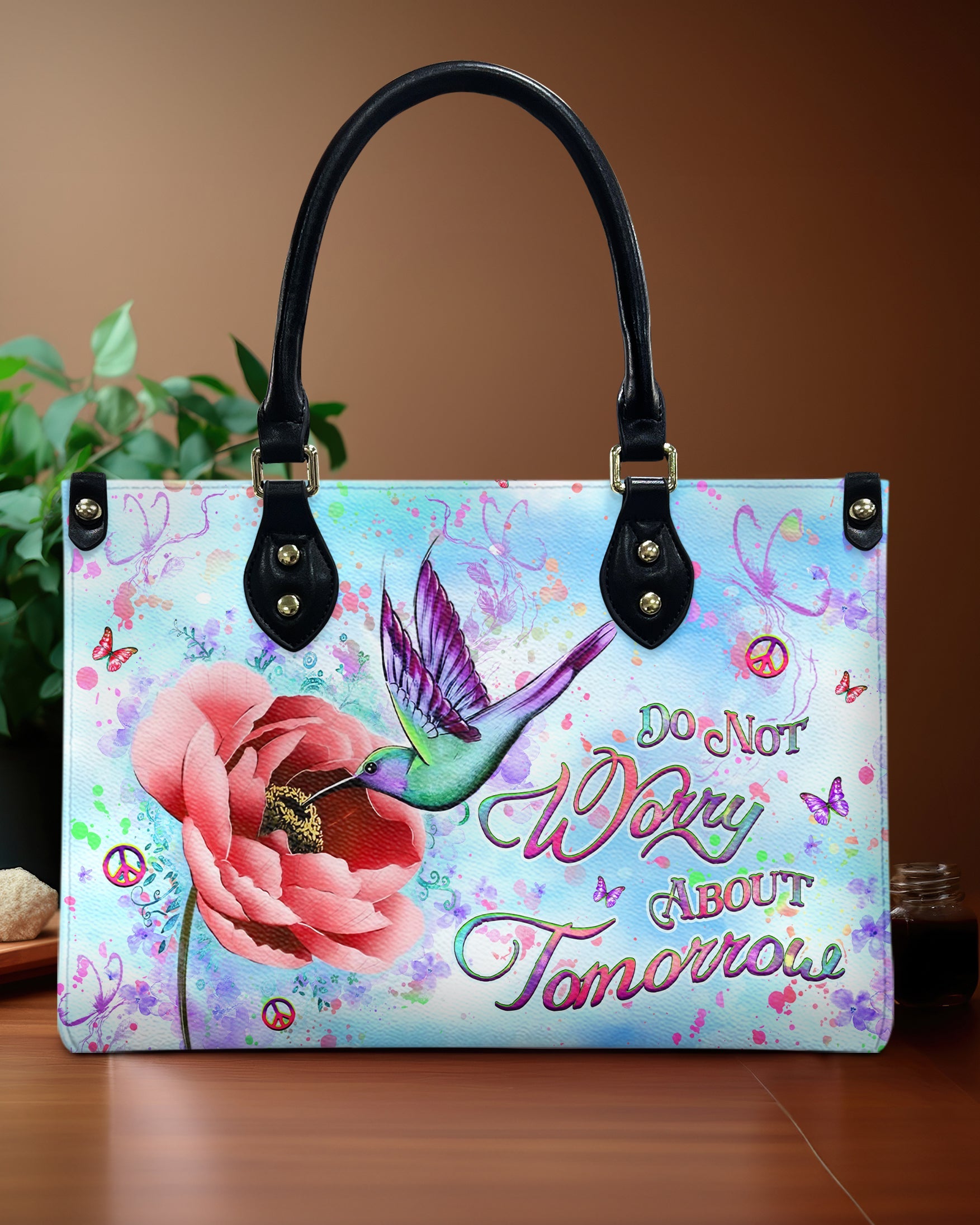 Do Not Worry About Tomorrow Hummingbird with Peace Flower Hippie Leather Bag _1_ K8jvQ