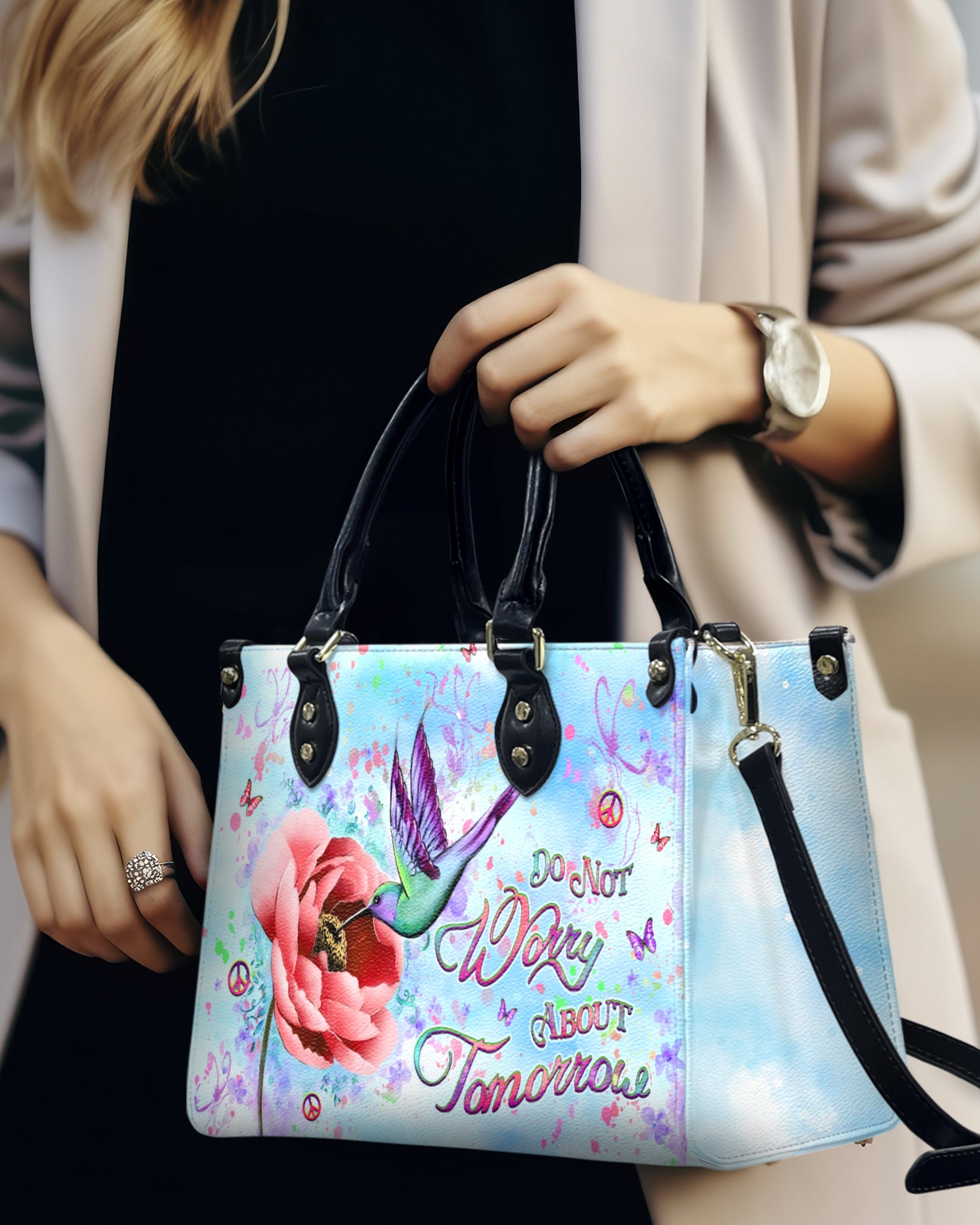 Do Not Worry About Tomorrow Hummingbird with Peace Flower Hippie Leather Bag _2_ bHHHT
