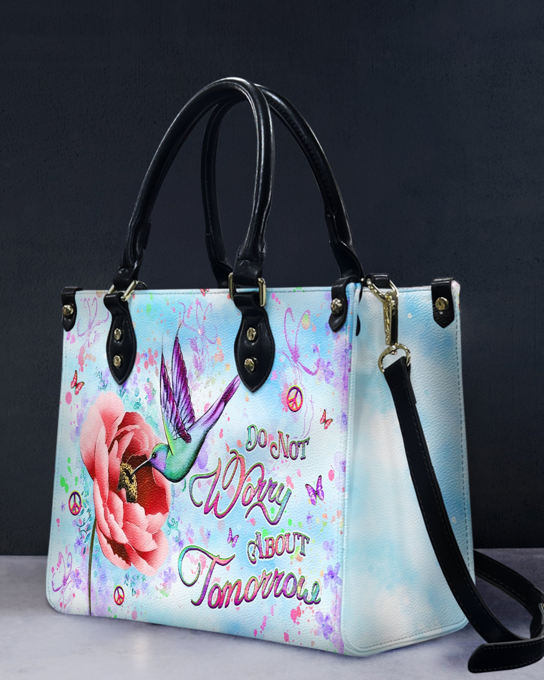 Do Not Worry About Tomorrow Hummingbird with Peace Flower Hippie Leather Bag _3_ nXc4y