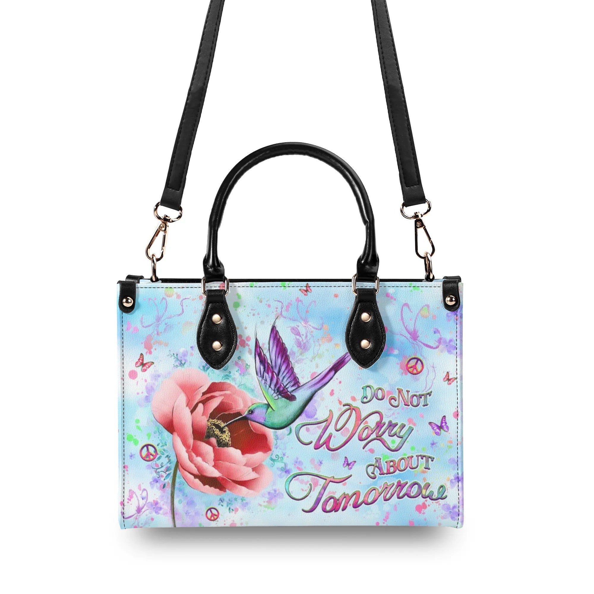 Do Not Worry About Tomorrow Hummingbird with Peace Flower Hippie Leather Bag _7_ ZCx3W