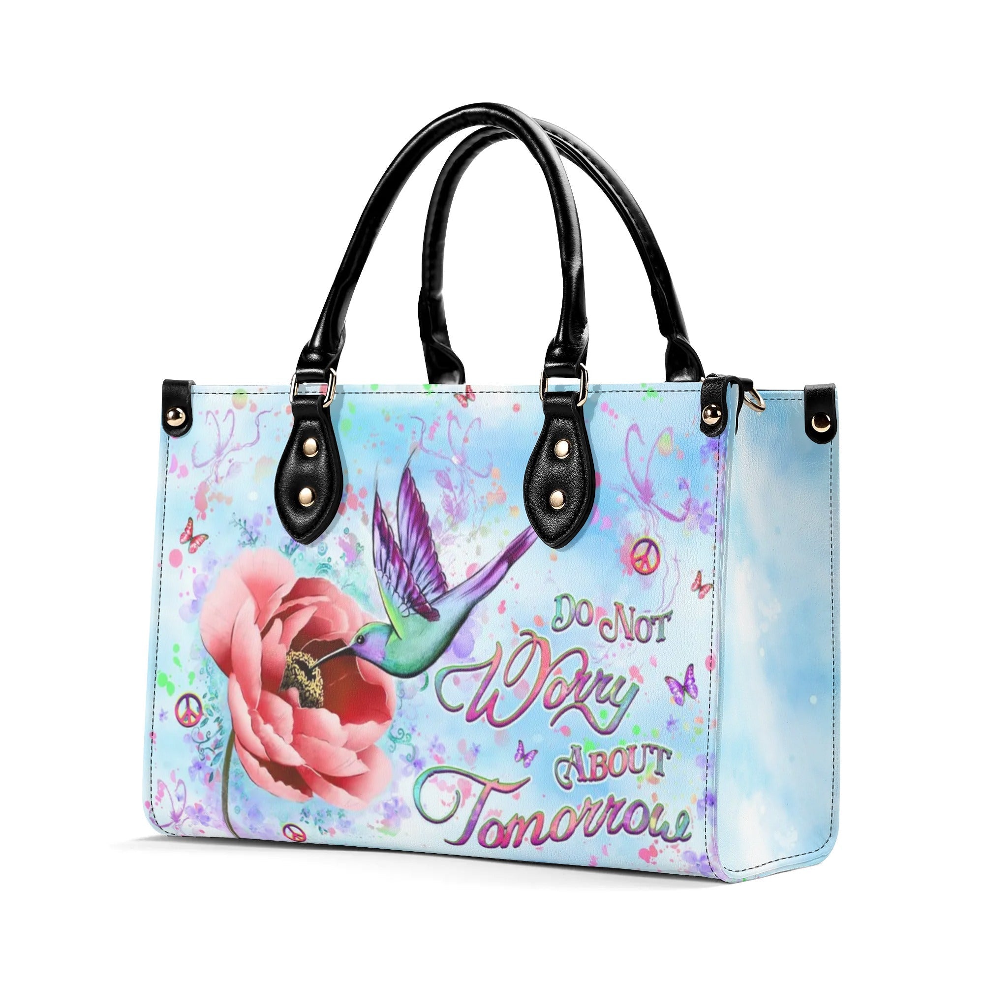 Do Not Worry About Tomorrow Hummingbird with Peace Flower Hippie Leather Bag _9_ 2qRRd