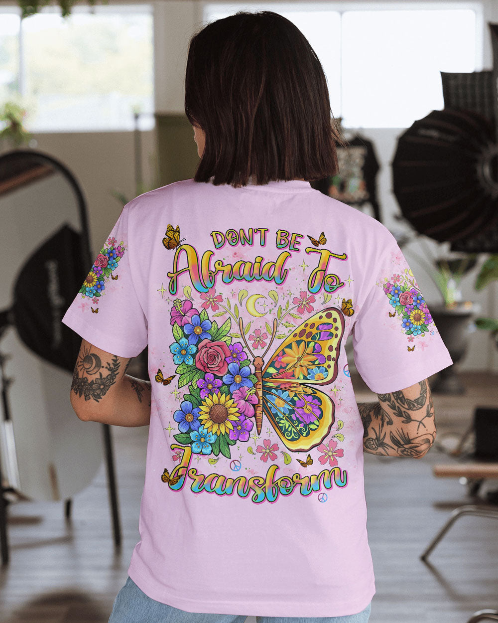 Don_E2_80_99t Be Afraid to Transform Butterfly Floral Inspirational Graphic for Women AOP Shirts _1_ hrj9e