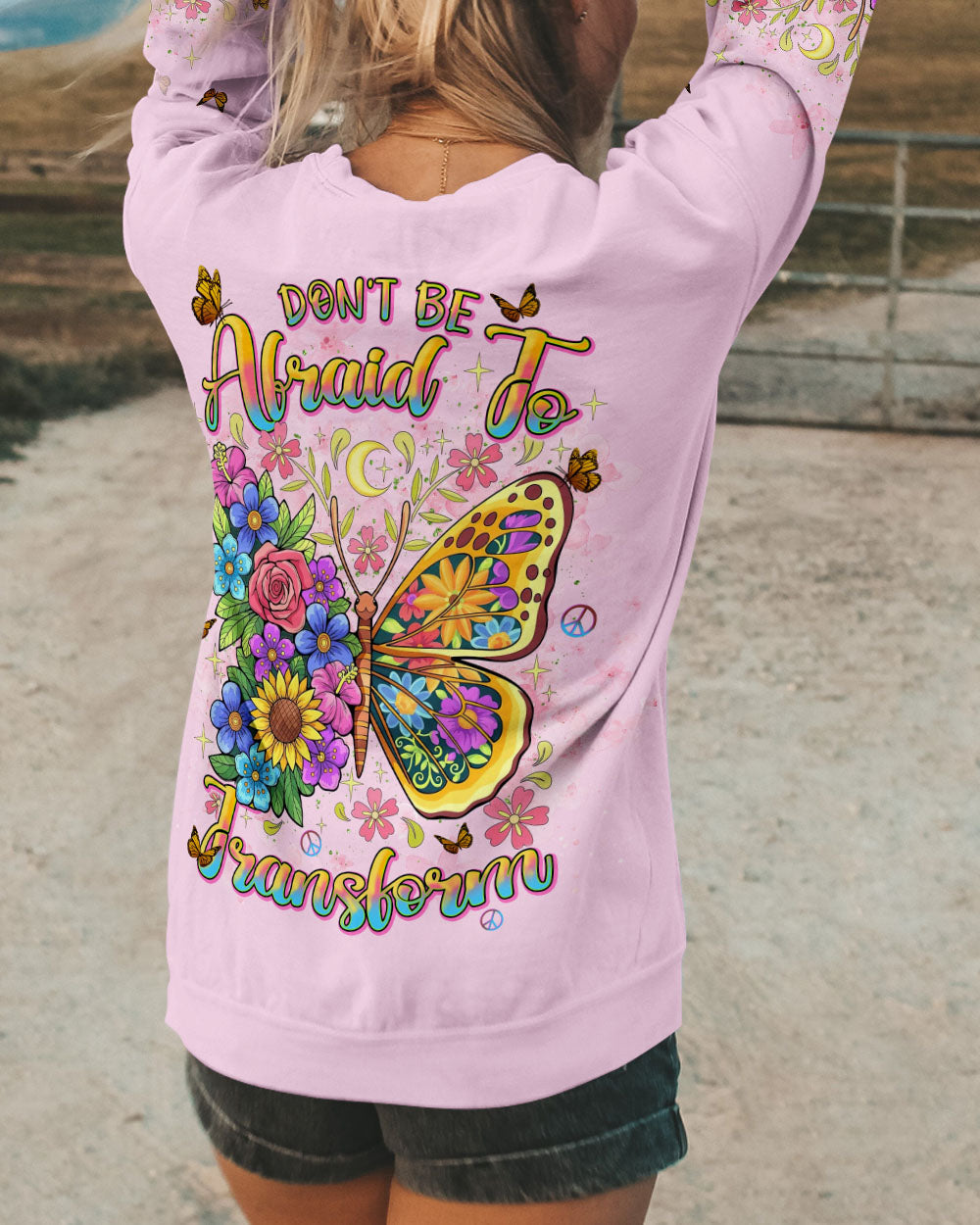 Don_E2_80_99t Be Afraid to Transform Butterfly Floral Inspirational Graphic for Women AOP Shirts _7_ 558QK
