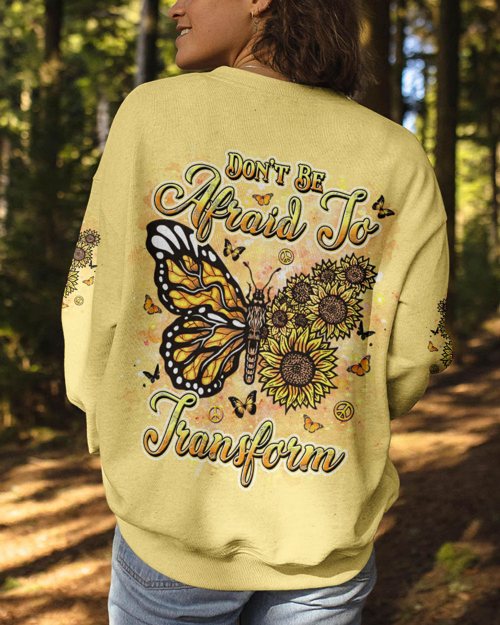 Don_E2_80_99t Be Afraid to Transform Butterfly and Sunflower Inspirational AOP Shirts _5_ bFfkp