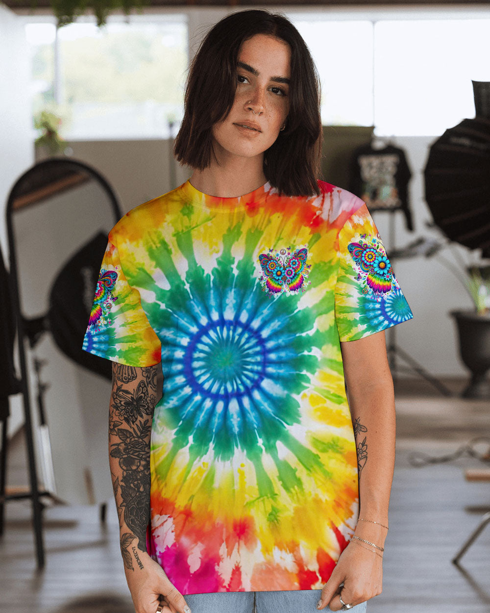Don_E2_80_99t Be Afraid to Transform Colorful Butterfly Hippie Tie Dye Graphic for Women AOP Shirts _12_ yjQqW