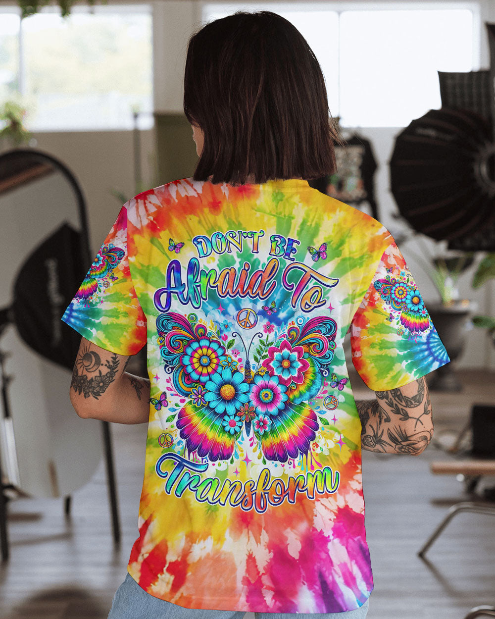 Don_E2_80_99t Be Afraid to Transform Colorful Butterfly Hippie Tie Dye Graphic for Women AOP Shirts _13_ q0VZ3