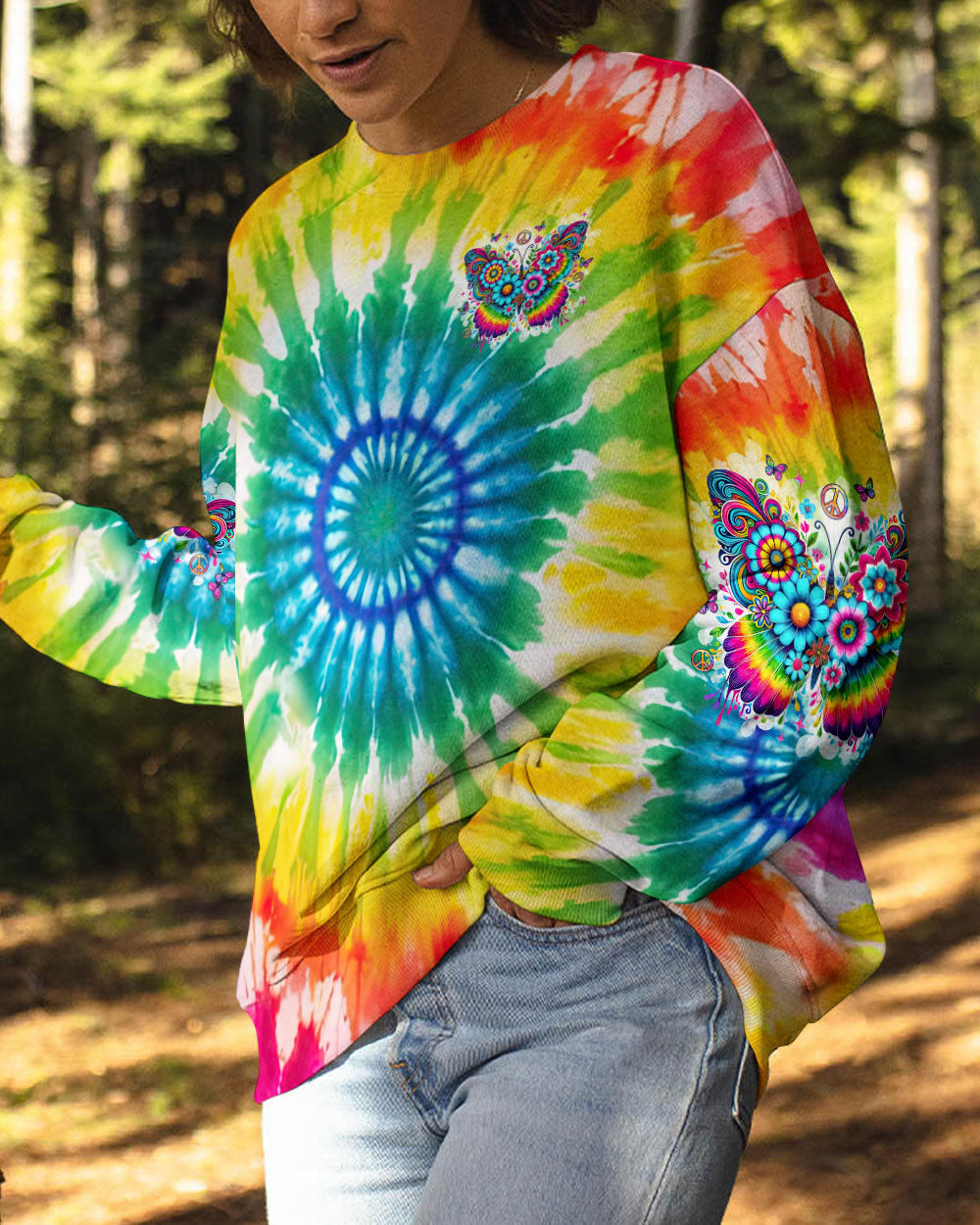 Don_E2_80_99t Be Afraid to Transform Colorful Butterfly Hippie Tie Dye Graphic for Women AOP Shirts _4_ bzQnT