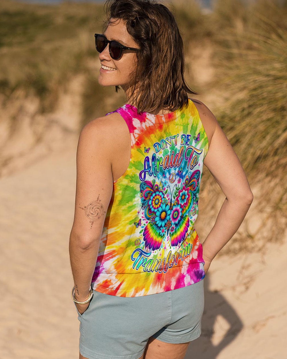 Don_E2_80_99t Be Afraid to Transform Colorful Butterfly Hippie Tie Dye Graphic for Women AOP Shirts _9_ 4kChg