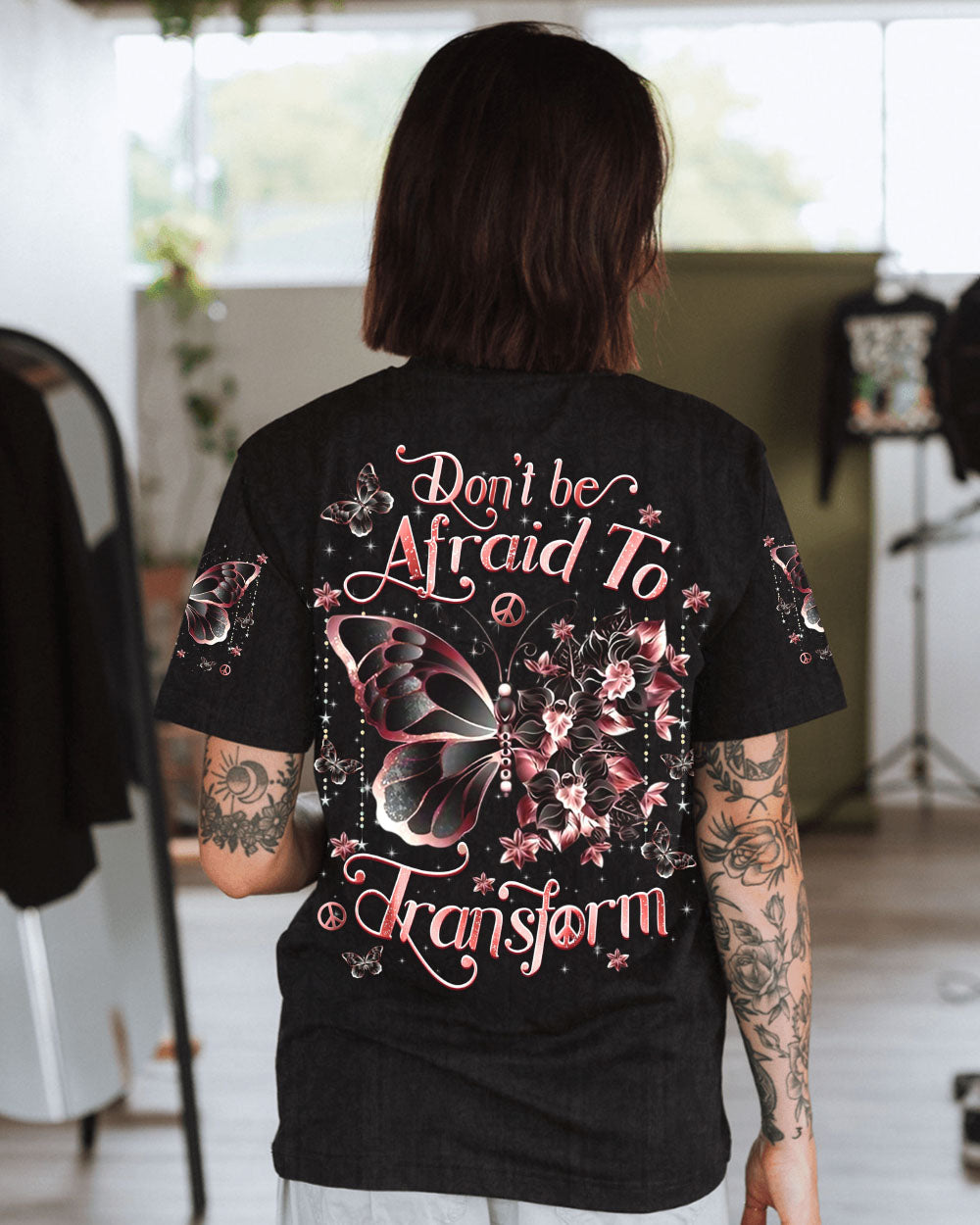 Don_E2_80_99t Be Afraid to Transform Peace Pink Butterfly Floral Graphic AOP Shirts _10_ Akhbz