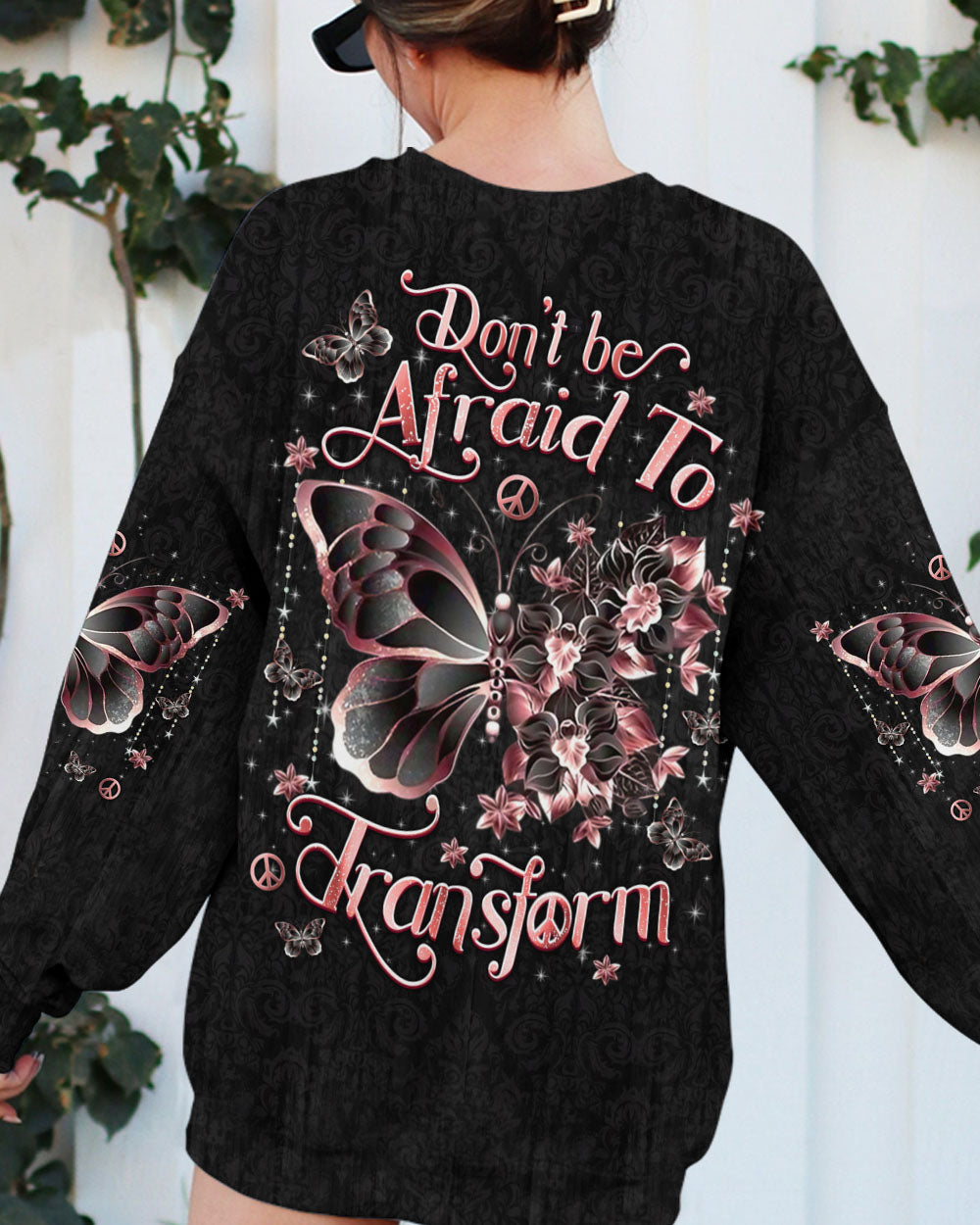 Don_E2_80_99t Be Afraid to Transform Peace Pink Butterfly Floral Graphic AOP Shirts _3_ WNO0M