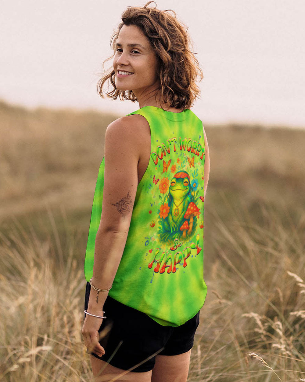 Don_E2_80_99t Worry Be Happy and Peaceful Frog Tie Dye Neon Green Design for Women AOP Shirts _13_ g6VkF