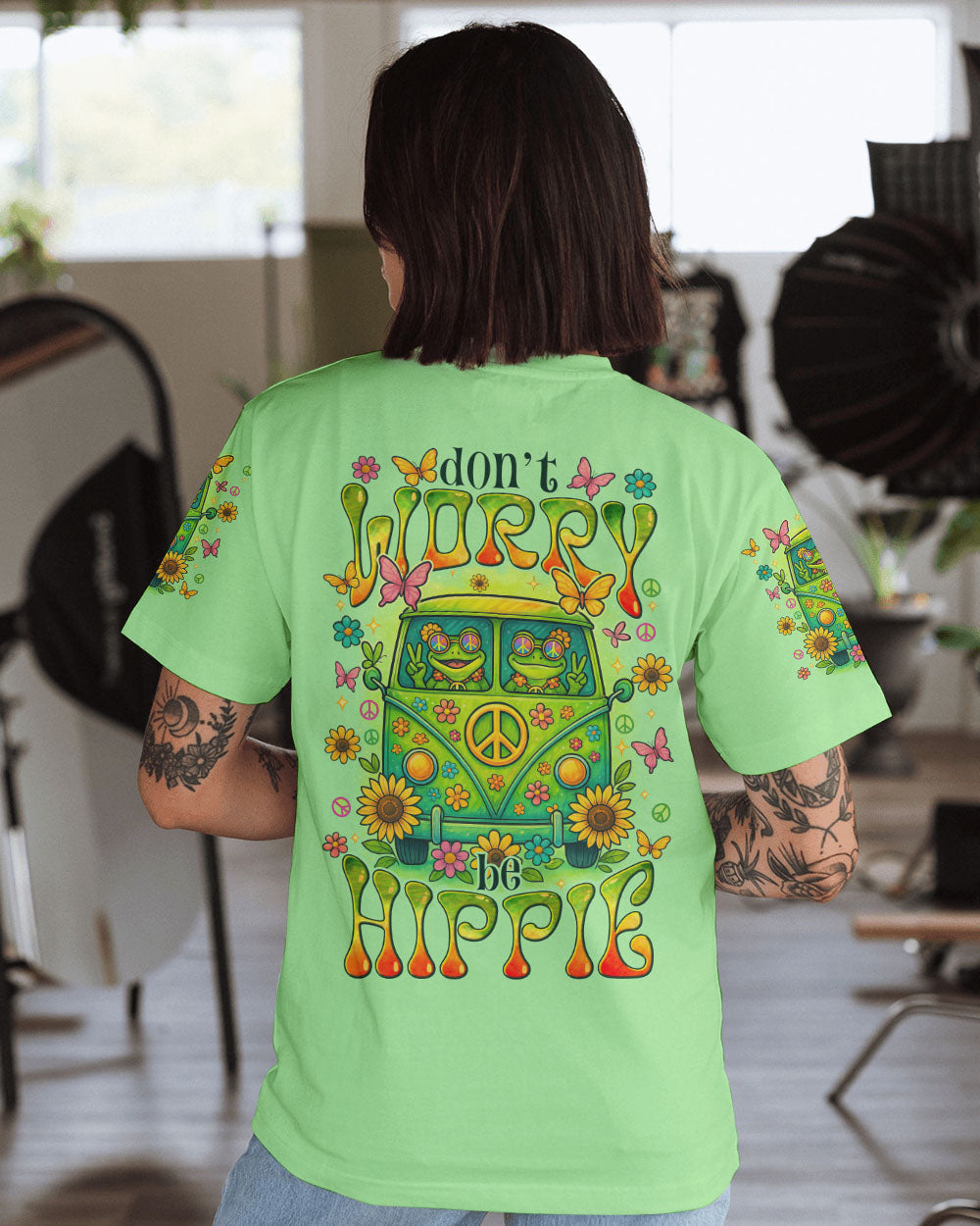 Don_E2_80_99t Worry Be Hippie Cute Frog Retro Van Graphic Tee for Hippie Women AOP Shirts _1_ zzaXp