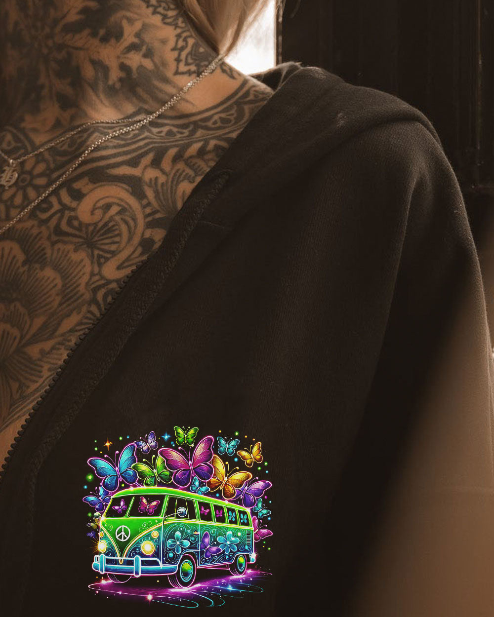 Don_E2_80_99t Worry Be Hippie Neon Peace Van and Butterfly Hippie Graphic AOP Shirts _8_ vaQl5